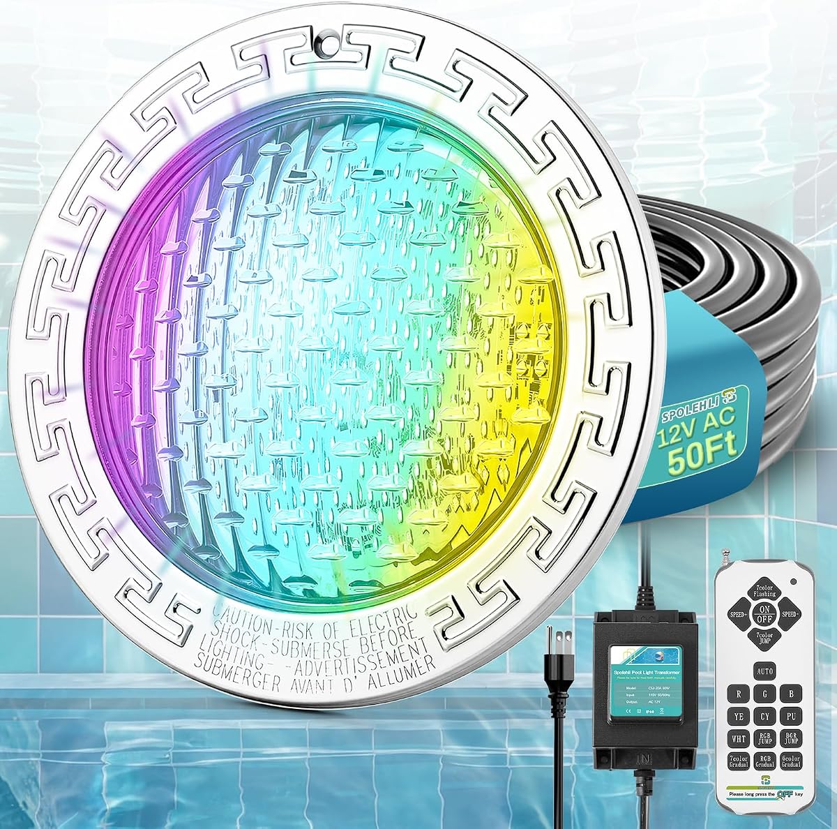 Luz LED para piscina de 10", luces de spa subacuáticas de 12 V CA para piscinas enterradas, equivalente a 300 W, colores estáticos y efectos dinámicos, cable de 50 pies, control remoto, transformador, se adapta a nichos Pentair, Hayward y Jady
