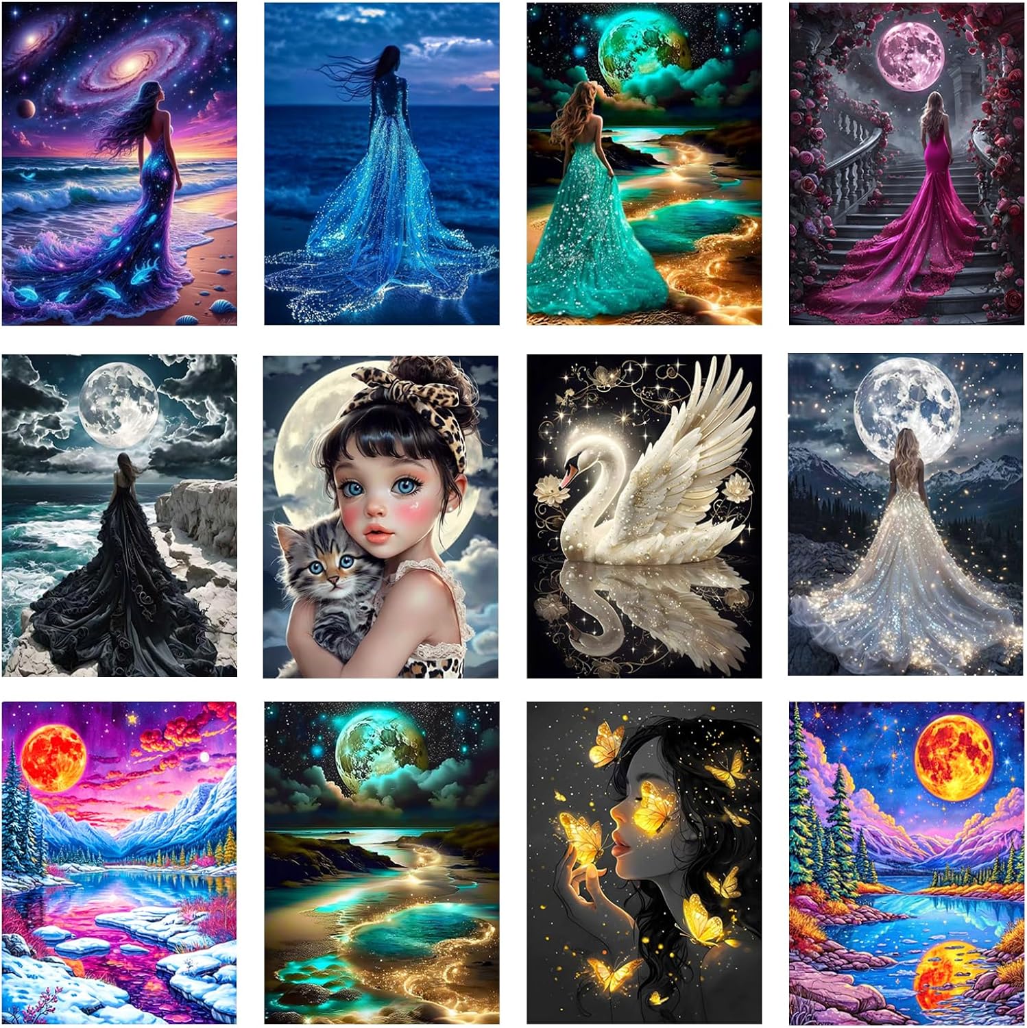 Zha Qiyong Diamond Art Painting Kits for Adults，Round Full Drill Diamond Dots Paintings for Beginners, 5D Diamonds Pictures Gem Art Painting DIY Crafts Kits 12x16inch（12 Pack）