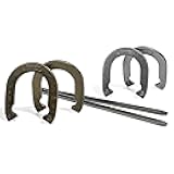 Horseshoes Set - Metal Horseshoe Game Set for Adults + Kids - Official Weight Steel Construction - Beach + Lawn Outdoor Game - Includes (4) Horseshoes and (2) Ground Stakes - Starter