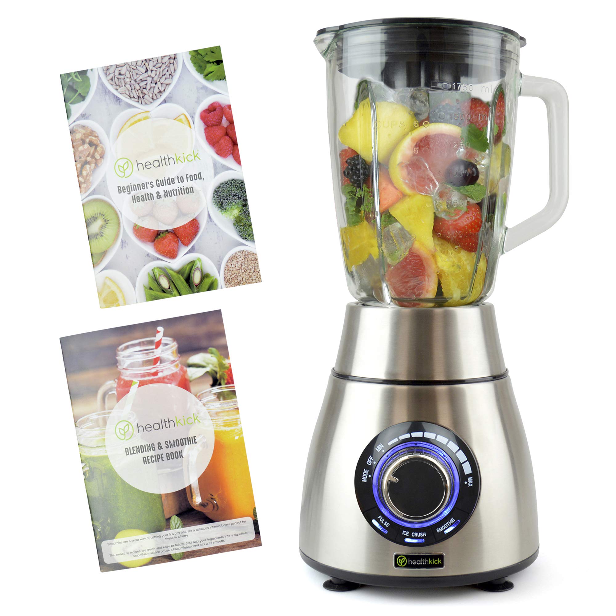 1200w Ice Crushing Smoothie Blender - 1.8L Glass Jug - 3 Programmes: Pulse/Ice Crush/Smoothie - Variable Speed Control - Free Health and Nutrition Guide - K3251 - Stainless Steel