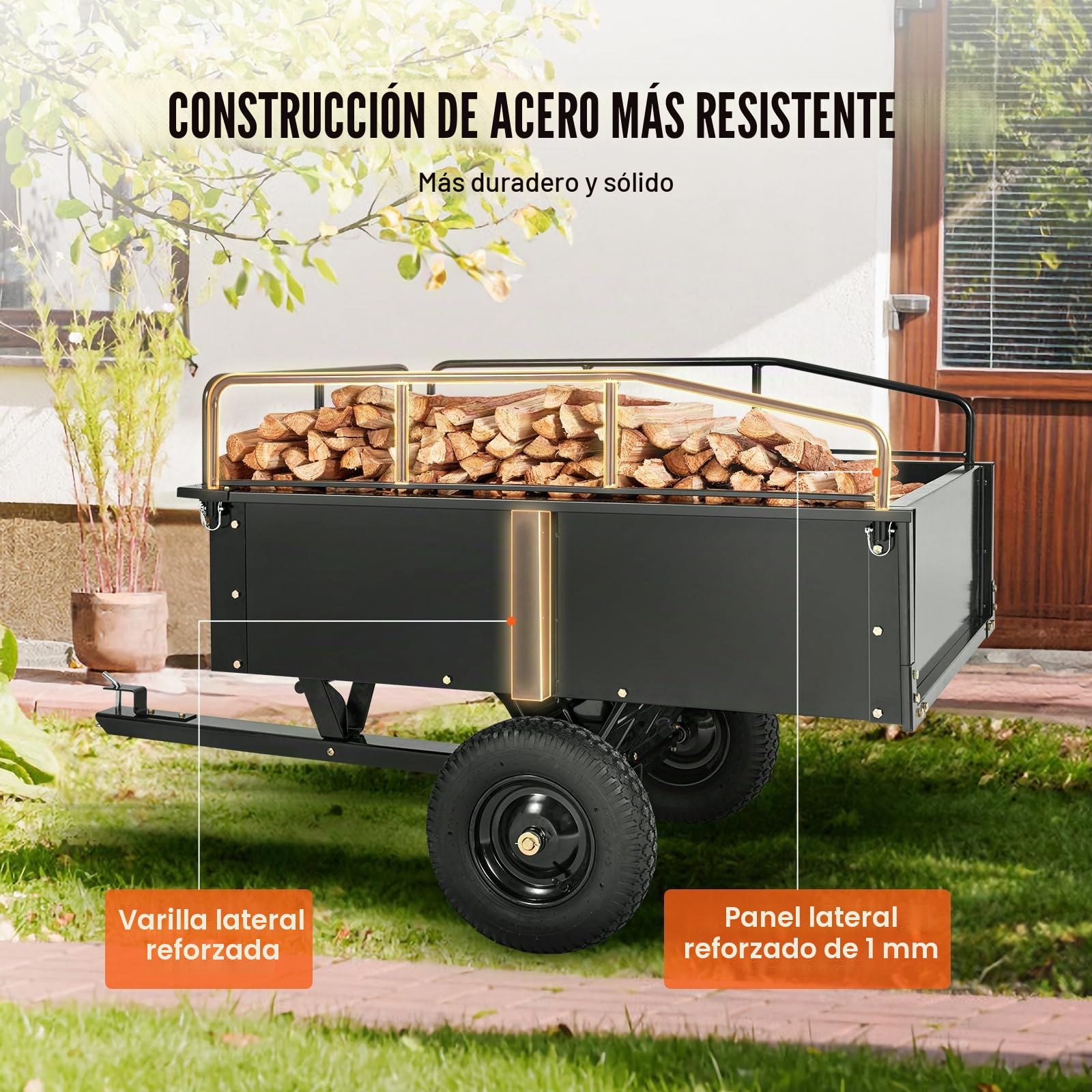 VEVOR Remolque Volquete Capacidad de Carga de 340kg Remolque Utilitario de Jardín Resistente con Laterales Extraíbles Carro de Transporte Volquete de 0,4m³ para Tractor, Cortacésped, ATV, 200x66x76 cm