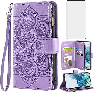 Asuwish Compatible with Samsung Galaxy S20 Glaxay S 20 5G UW 6.2 inch Wallet Case and Tempered Glass Screen Protector Flower Leather Flip Card Holder Cell Phone Cover for Gaxaly 20S G5 Women Purple