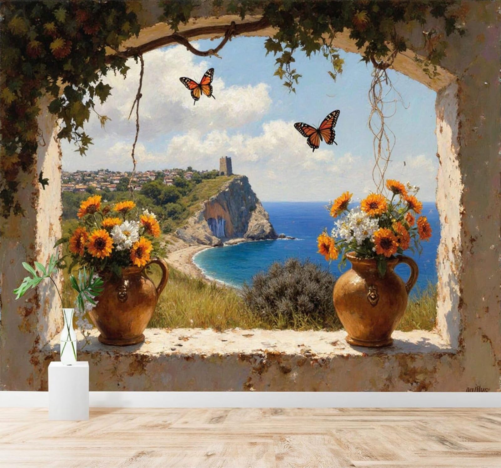 XLMING Bouquet Vase Butterfly Window Blue Ocean 3D Wallpaper Silky Texture Home Study Office Grey Dining Room Sofa Bedroom Living Room TV Backdrop-300cm×210cm