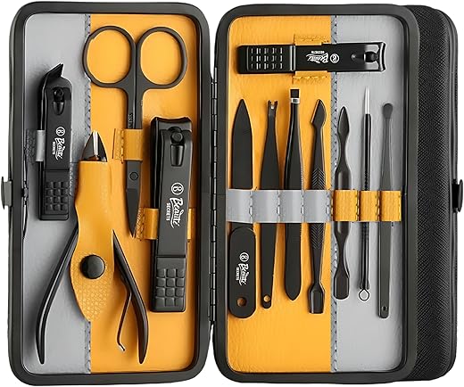 Beauté Secrets Essentials Manicure Set Nail Clippers, Stainless Steel Nail Scissors Grooming Kit, Acne needle, Blackhead Tool Leather Travel Case (Grey Yellow)