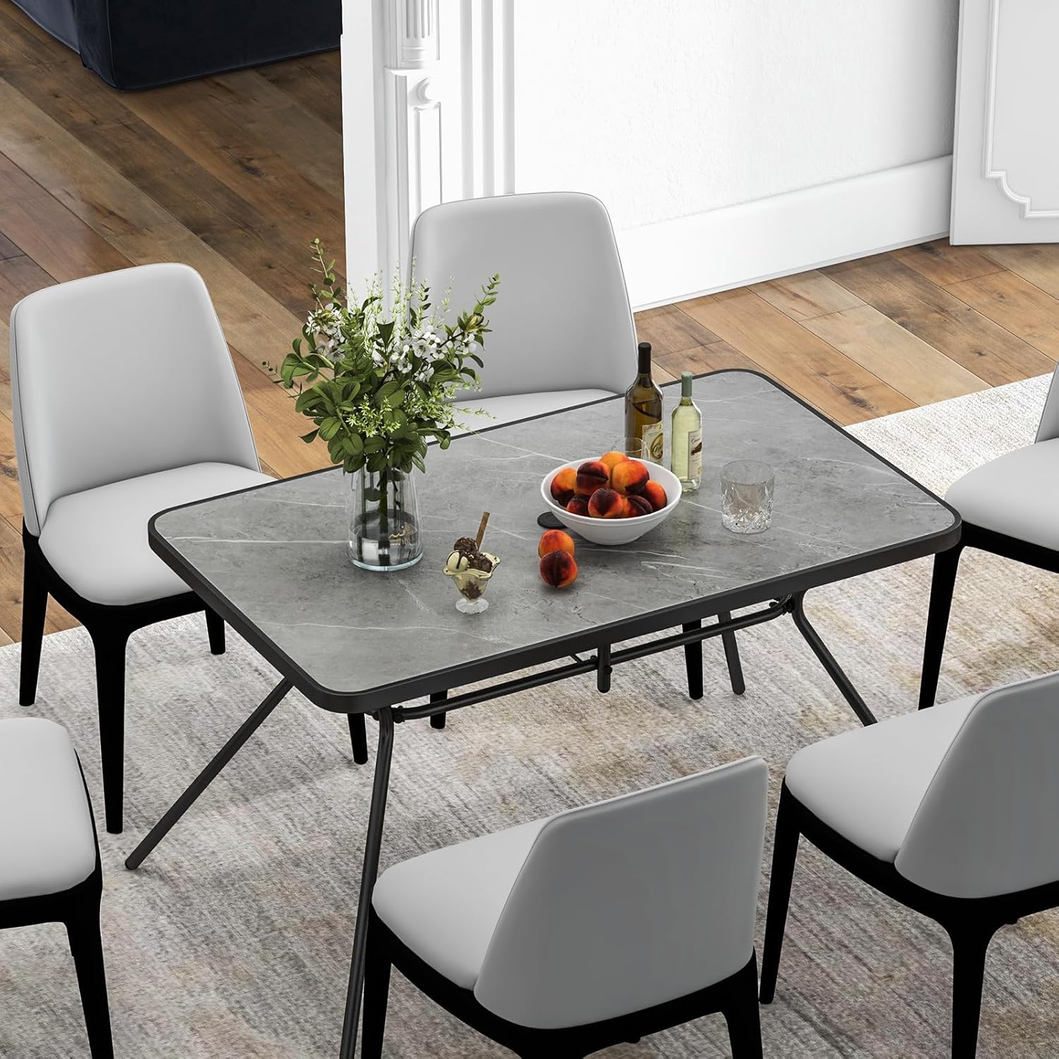 Tangkula Patio Rectangle Dining Table, 49” x 29.5” Outdoor Table with Umbrella Hole, Heavy-Duty Metal Structure & Marble-Like Tabletop, Dining Table for Indoor Outdoor