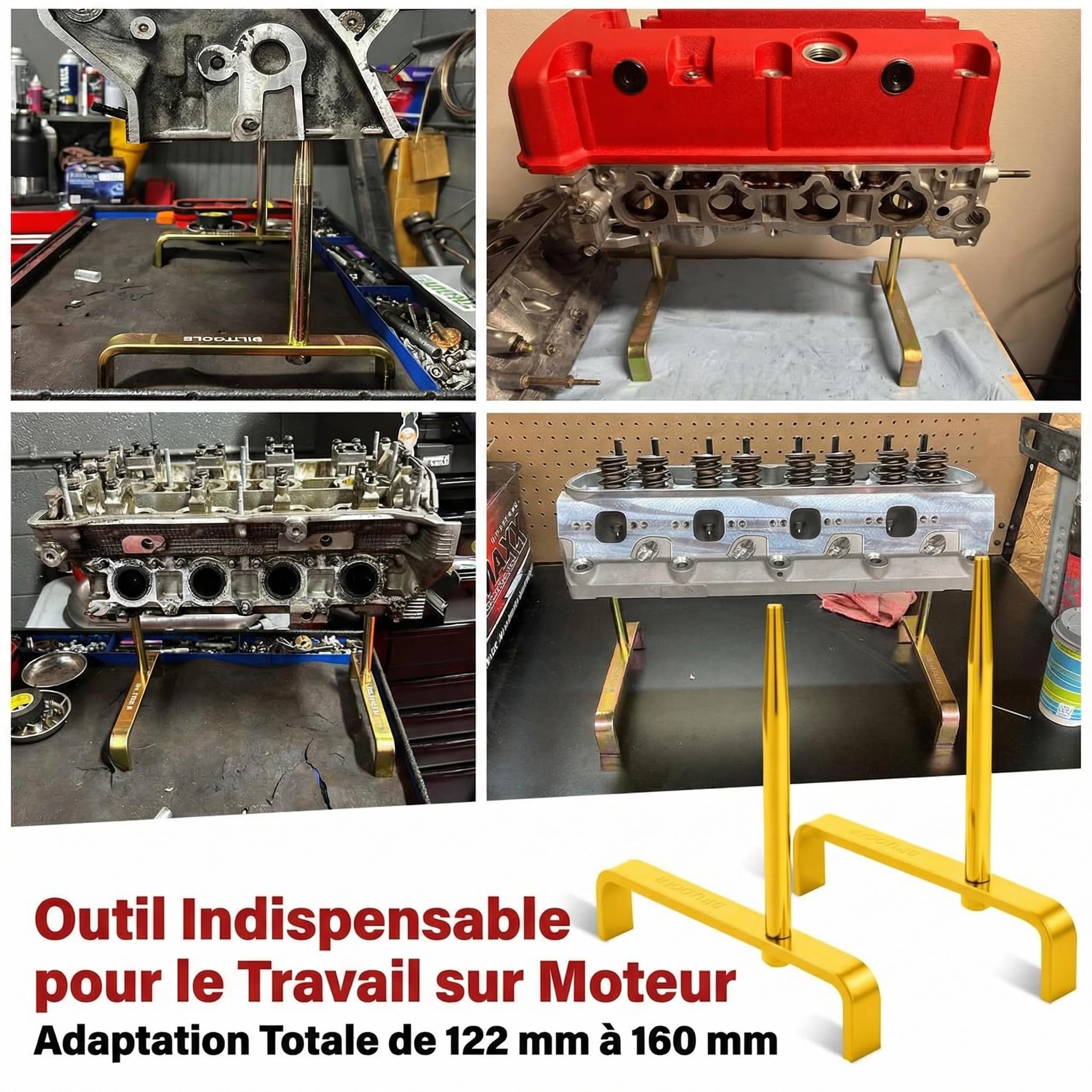 BILITOOLS Support de Culasse avec Pointes Coniques, Support de Culasse Universel en Acier Robuste pour Maintenance & Réparation Moteur