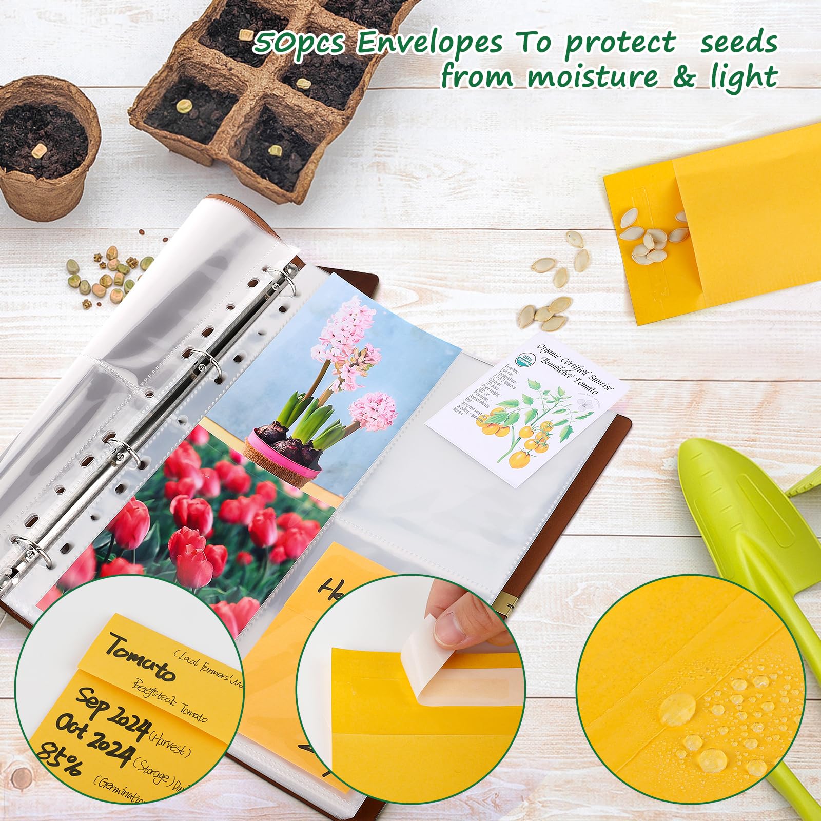 Carpeta organizadora de paquetes de semillas, paquete de planificador de jardín con 25 fundas transparentes de bolsillo (tamaño de la ranura 3.9 x 5.5 pulgadas), 50 sobres de almacenamiento de