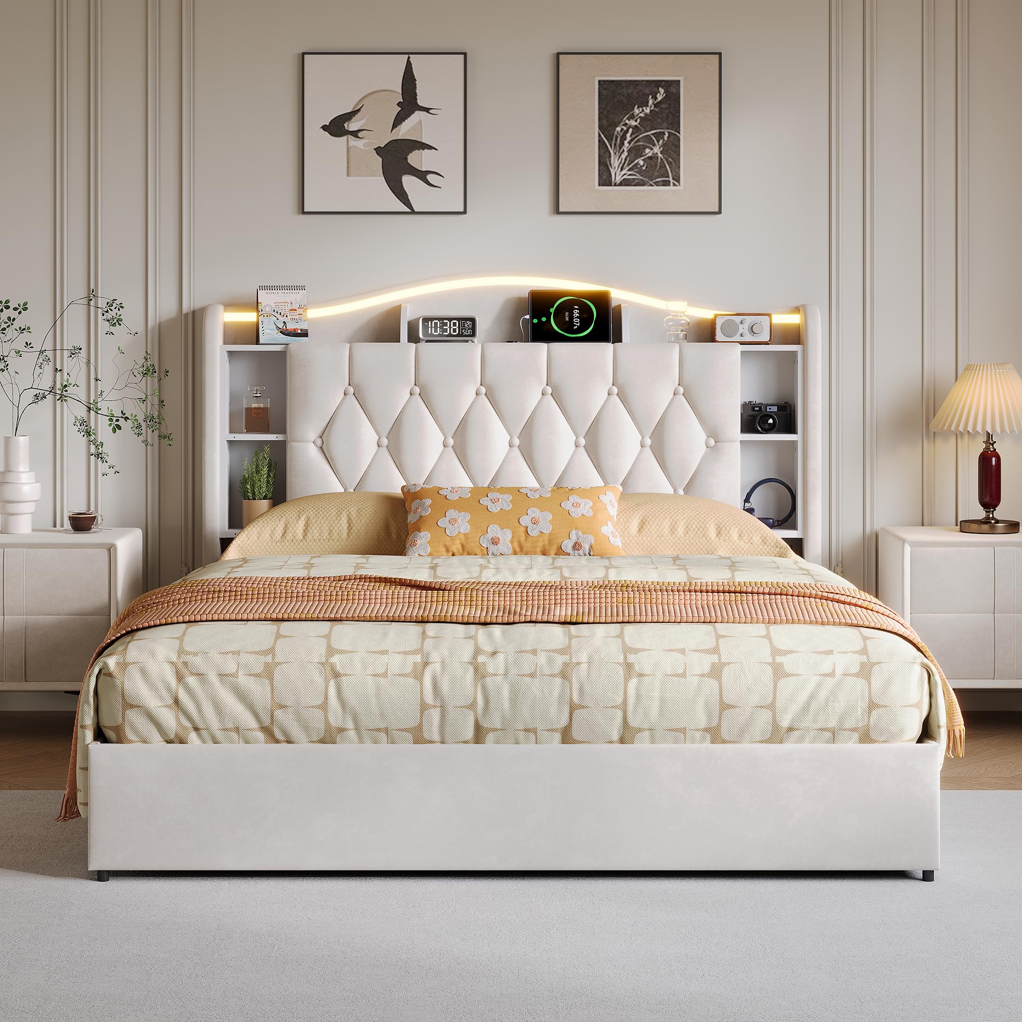 Letto Matrimoniale 160x190 con Contenitore Idraulico, Letto Imbottito in Velluto con LED RGB e USB/Type-C, Testiera con Ripiani Portaoggetti, Struttura Letto con Rete a Doghe (Beige-a, 160x190)