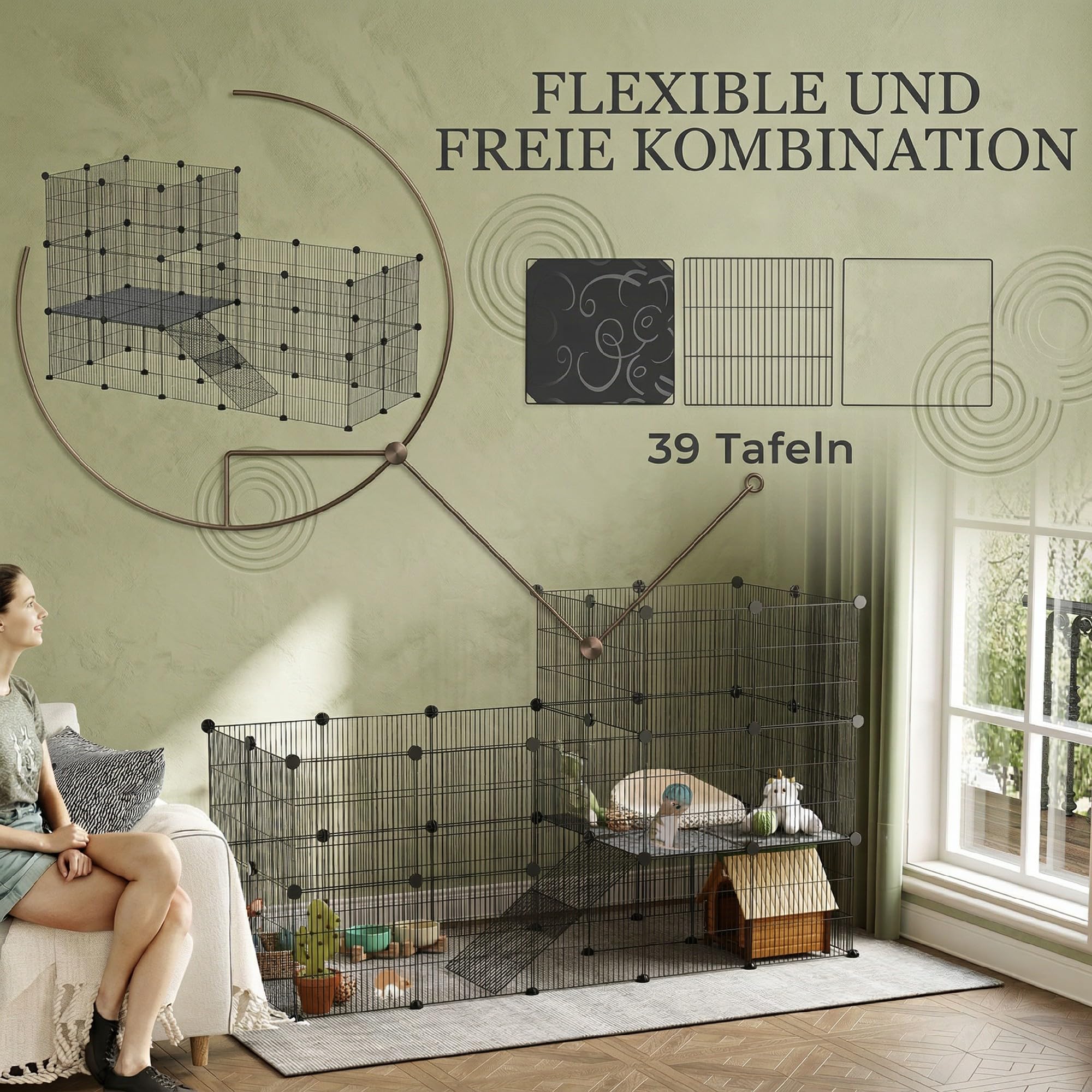 PawHut Freigehege Kleintiergehege mit Gitter 140 x 70 x 105 cm Schwarz | Mit Rampe, Kleintierkäfig Gehege, Meerschweinchen Gehege, für Hamster und Kaninchen