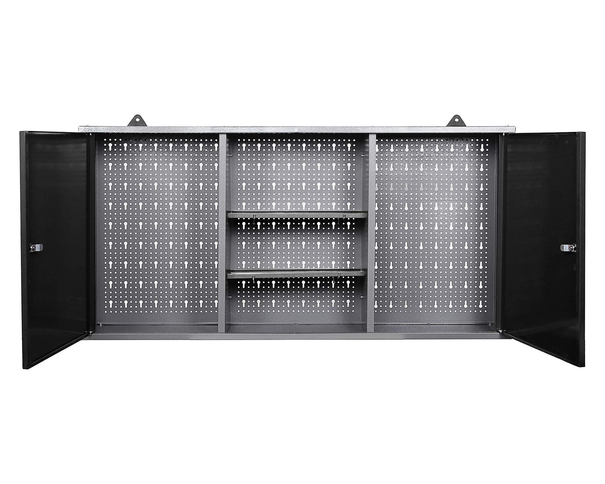 Ondis24 Werkstatt Ecklösung Basic One, 120 + 60 cm breit, Holzarbeitsplatte, 2X Werkbank, 1x Werkzeugschrank, Stahl, abschließbar, 3X Werkzeugwand - Lochwand+Haken Set (Arbeitshöhe 85 cm)