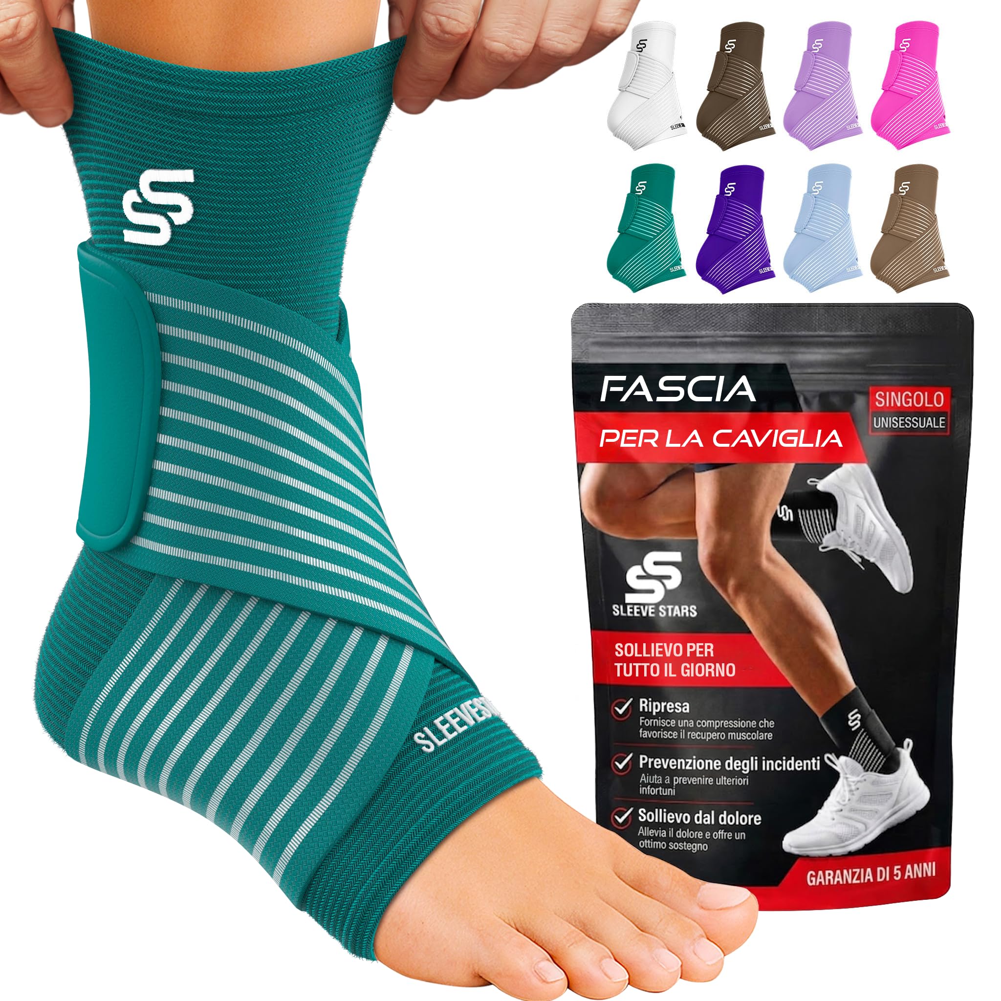 Sleeve Stars Cavigliera Ortopedica per Distorsione - Cavigliera Sportiva, Rimedio Fascite Plantare e Tendine d'Achille, Fascia Elastica Caviglia con Cinturino per Uomo e Donna (Singolo/Turchese)