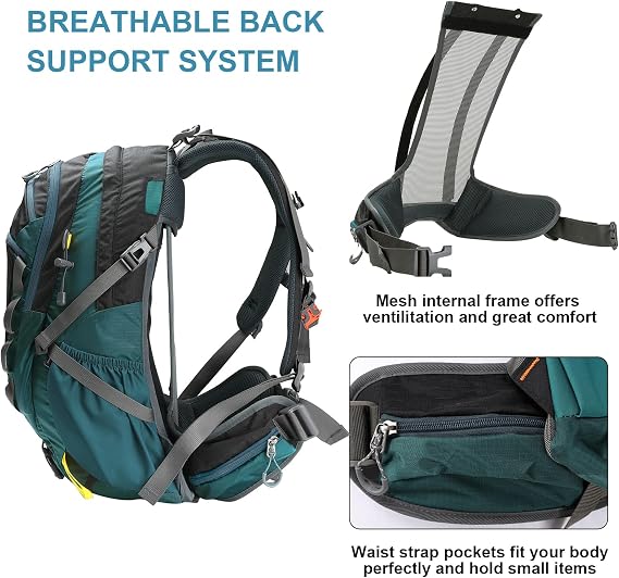 Internal Frame Hiking Backpack for Men Women, 40L Waterproof Backpacking Backpack with Suspension System & Rain Cover, Lightweight Travel Camping Backpacks, Green