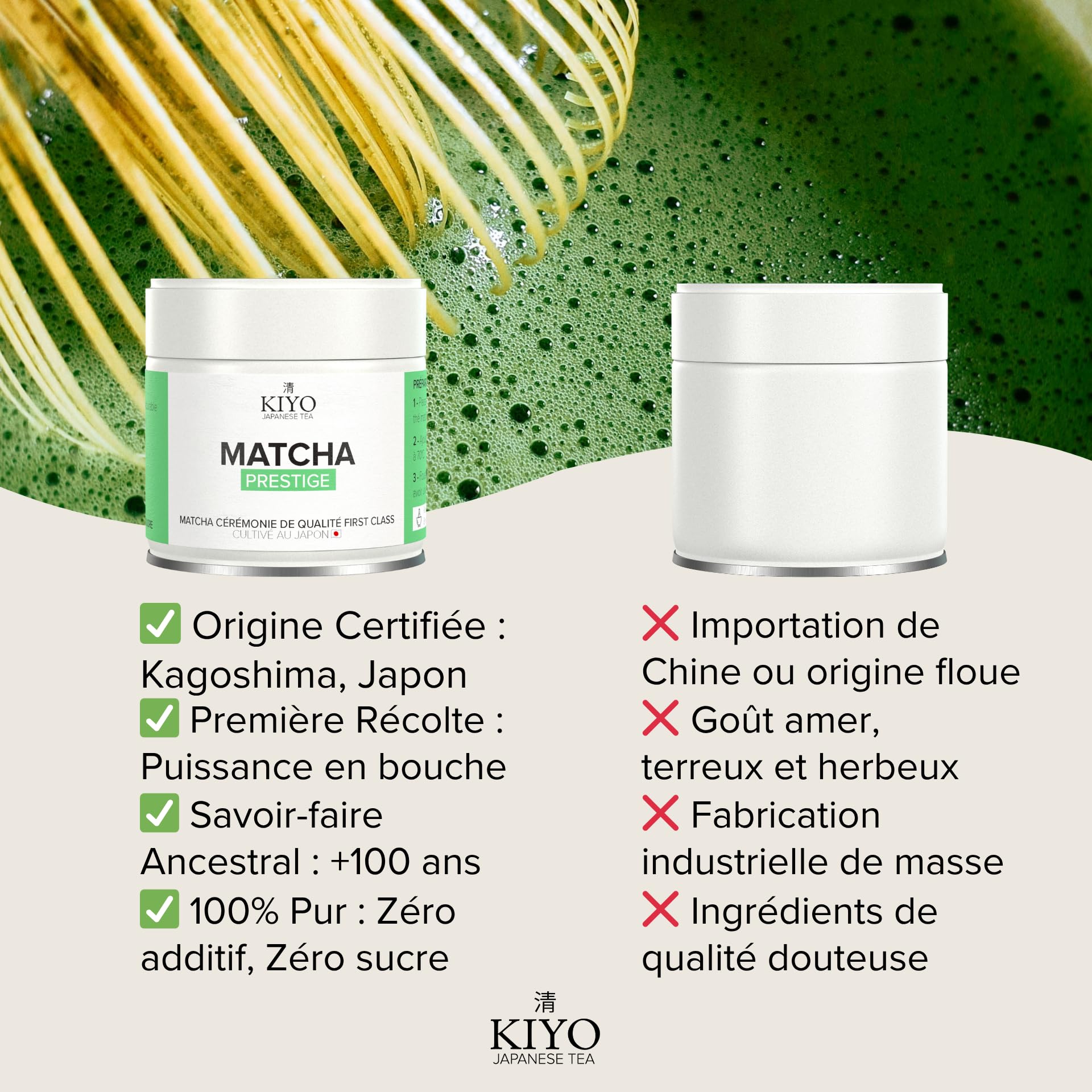 KIYO Matcha Cérémonie | Goût Puissant Sans Amertume | 100% Naturel & Pur | Grade Cérémonial de Kagoshima, Japon | Récolté à la Main | 30g