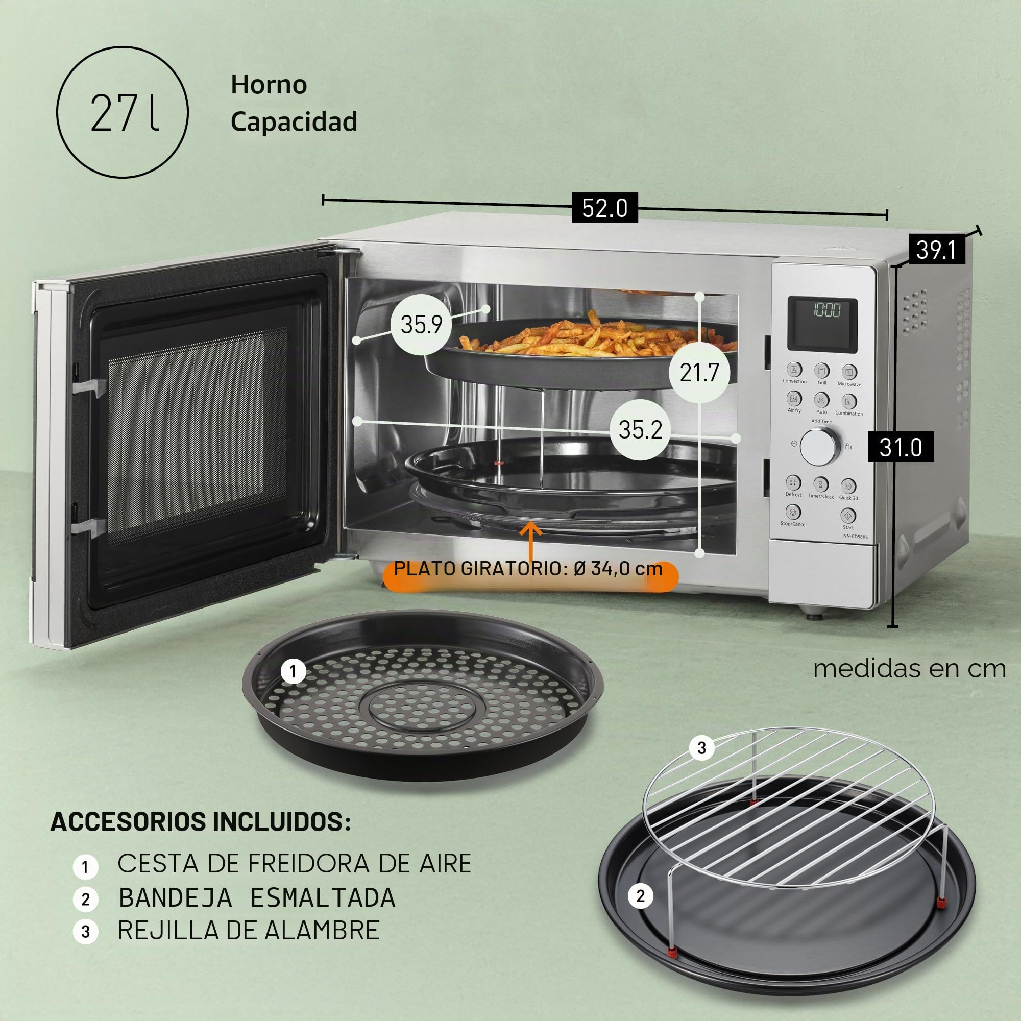 Panasonic NN-CD58RSEPG Horno Microondas Combinado 4 en 1 de 27 L con Freidora De Aire, Inverter de 1000 W, Grill de 1300 W, Convección, 19 Programas Automáticos, Acero iInoxidable