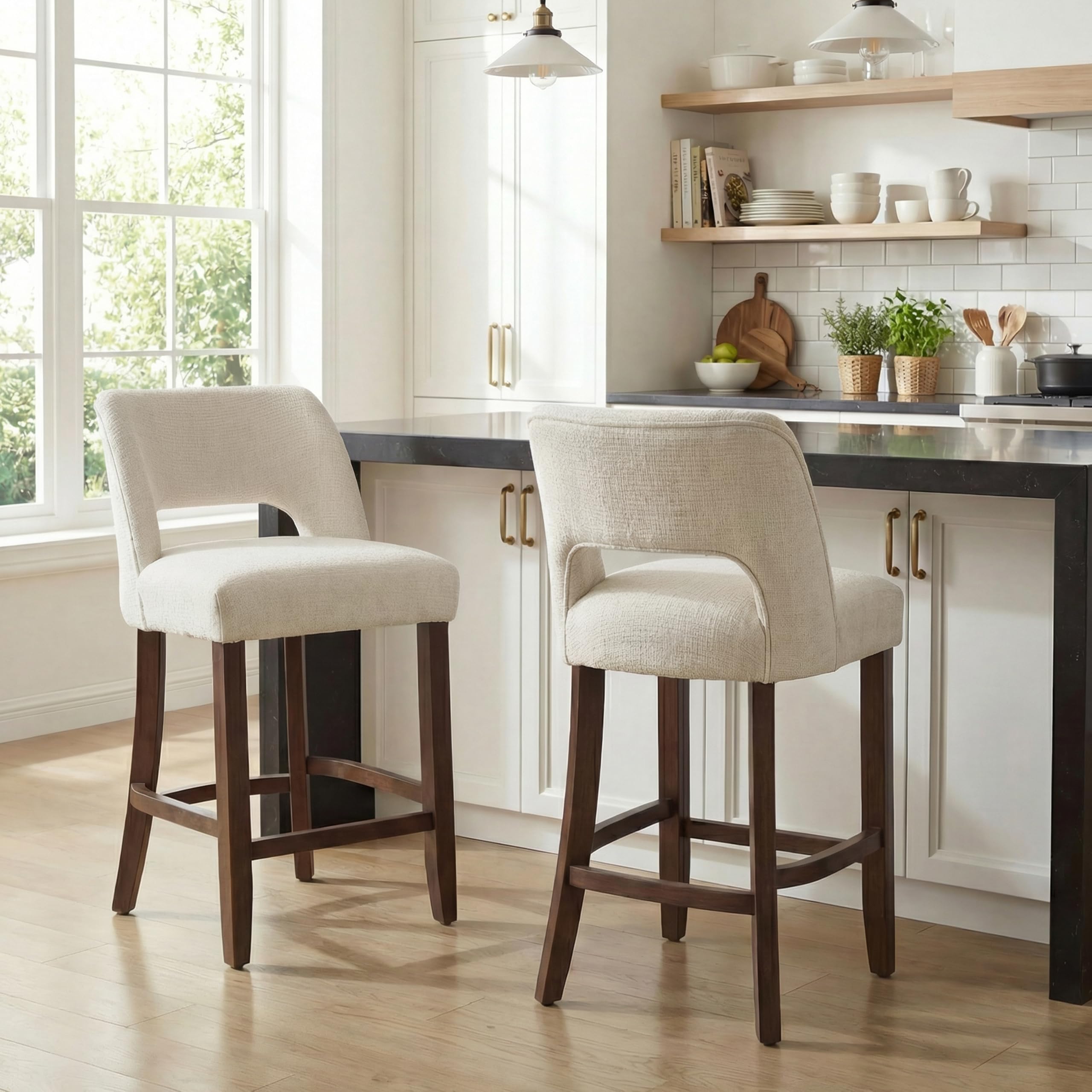 VKNOW Bar Stools Set of 2, 26" Fabric Counter Height Bar Stools, White