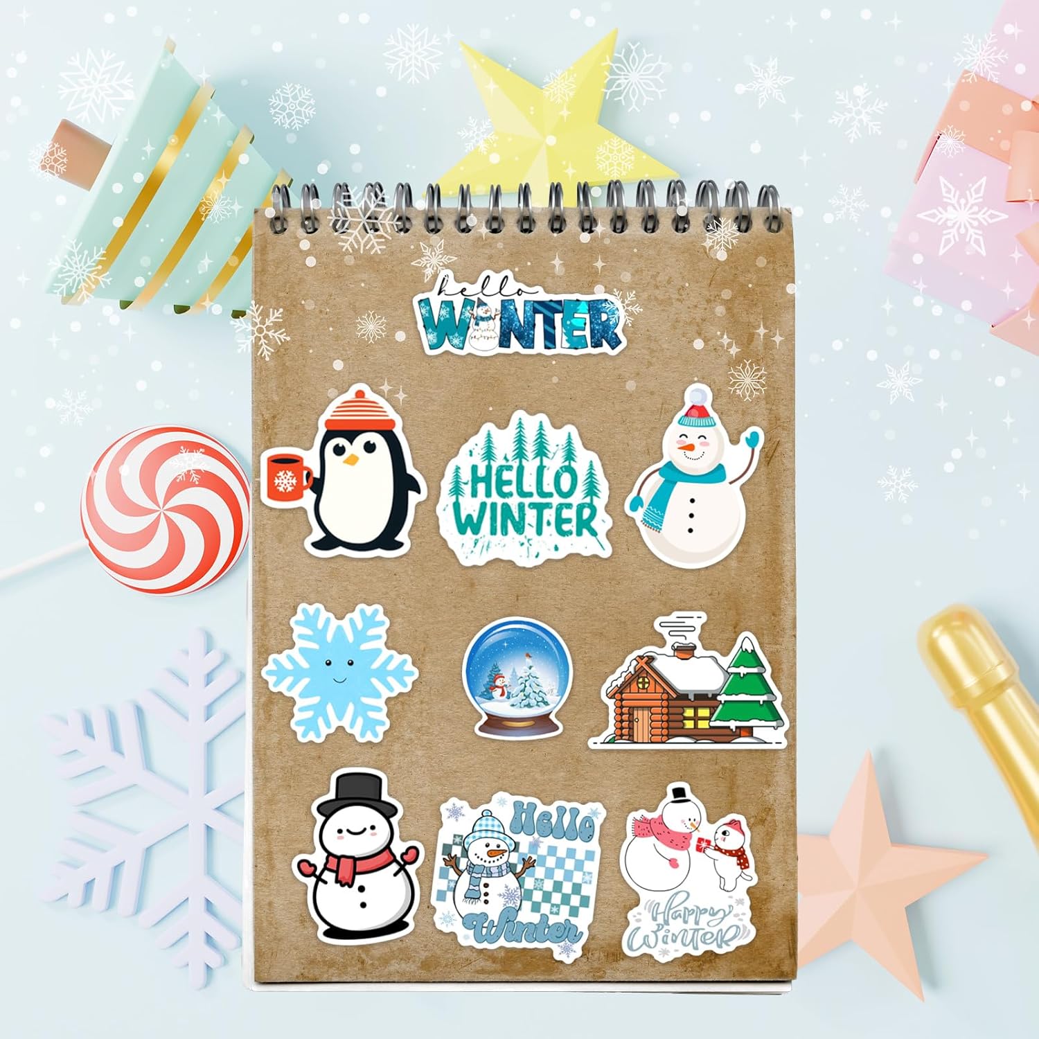 XZENTIRA, 103 PCS Winter Stickers for Kids, Snowflake Stickers for Water Bottles, Hello Winter Vinyl Waterproof Stickers for Laptop Skateboard Phone Penguin, Snowman Stickers for Kids Teens Girls - Image 6