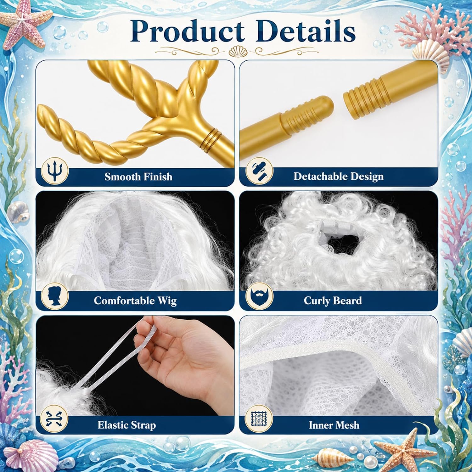3 Pcs Poseidon Costume for Men, Neptune Sea God Set Trident Poseidon white wig beard and Gold King Crowns for Halloween Cosplay