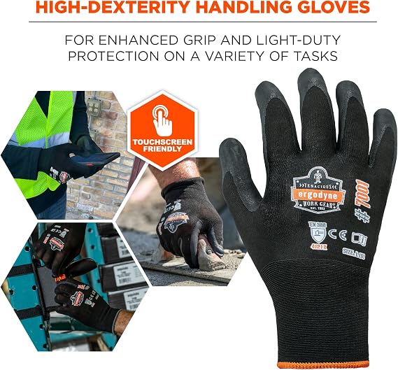 Nitrile Coated Work Gloves, High Dexterity, Ergodyne ProFlex 7001, Medium,Black
