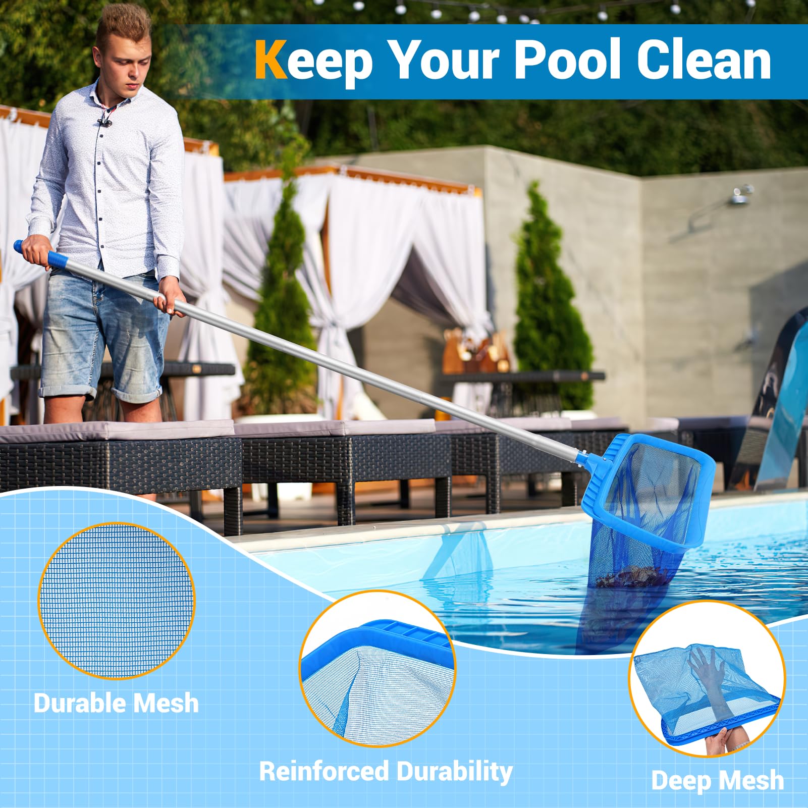 Red de Limpieza de Piscinas, 191cm Servicio Pesado Profundo Recogehojas Piscina Malla Fina Red de Piscina con Poste Telescópico Kit Limpieza Piscina con Cepillo Piscina para Piscina Estanque