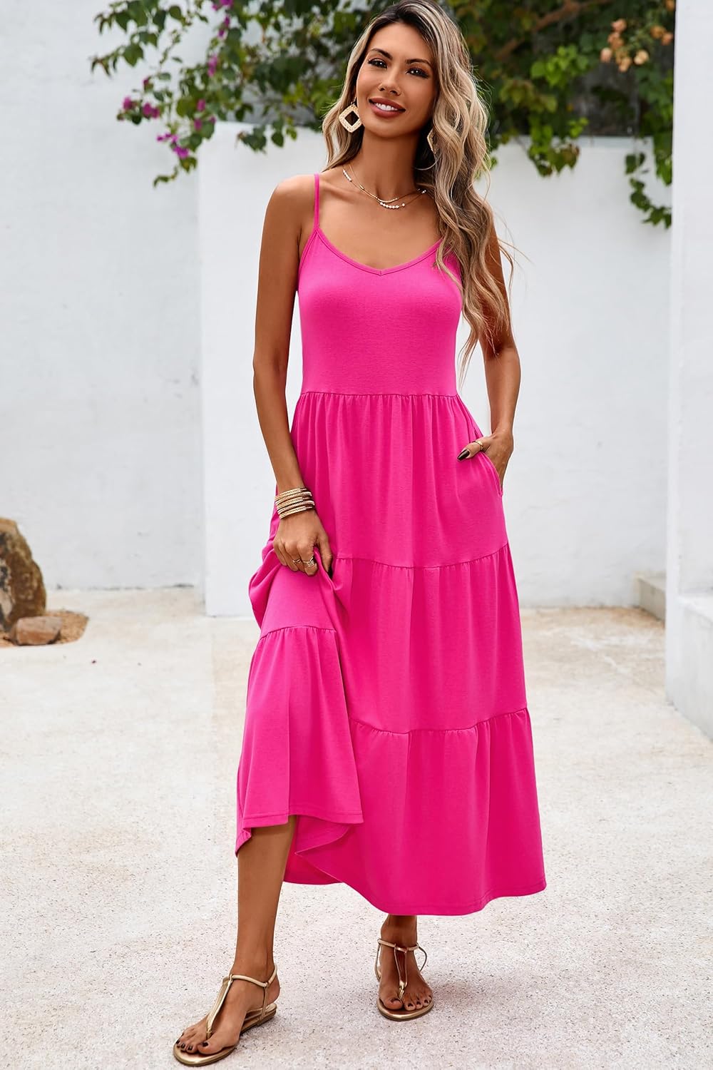 Halife Womens Flowy Tiered Maxi Dress Sleeveless Summer Sundresses Adjustable Straps Long Beach Sun Dresses with Pockets - Image 2