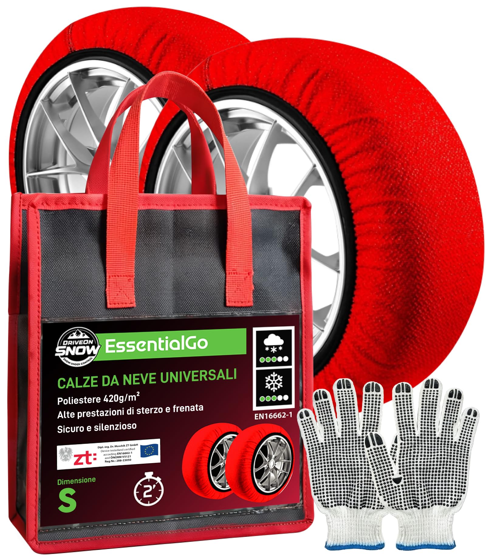 Calze da Neve per Auto Omologate Italia EN 16662-1 Taglia S - DriveonSnow EssentialGo Montaggio Rapido 2 Min - Rispetta Obbligo di Legge Adatte a Nevicate Occasionali anche Veicoli non Catenabili