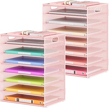Lavatino 2 Pack 8-Tier Office Desk File Organizer, Letter Tray Paper Organizer with Handle, Including 5 Adjustable Slide Trays for Organizing Desk Workspace Accessories and Supplies Pink Mesh