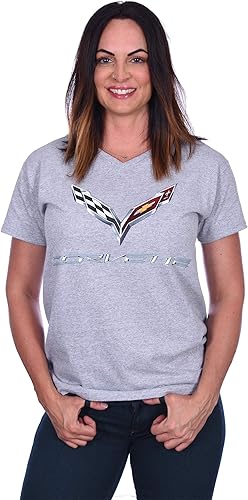 JH DESIGN GROUP Camiseta Chevy Corvette C7 Emblem Mujer Negro Rojo Heather-Gris
