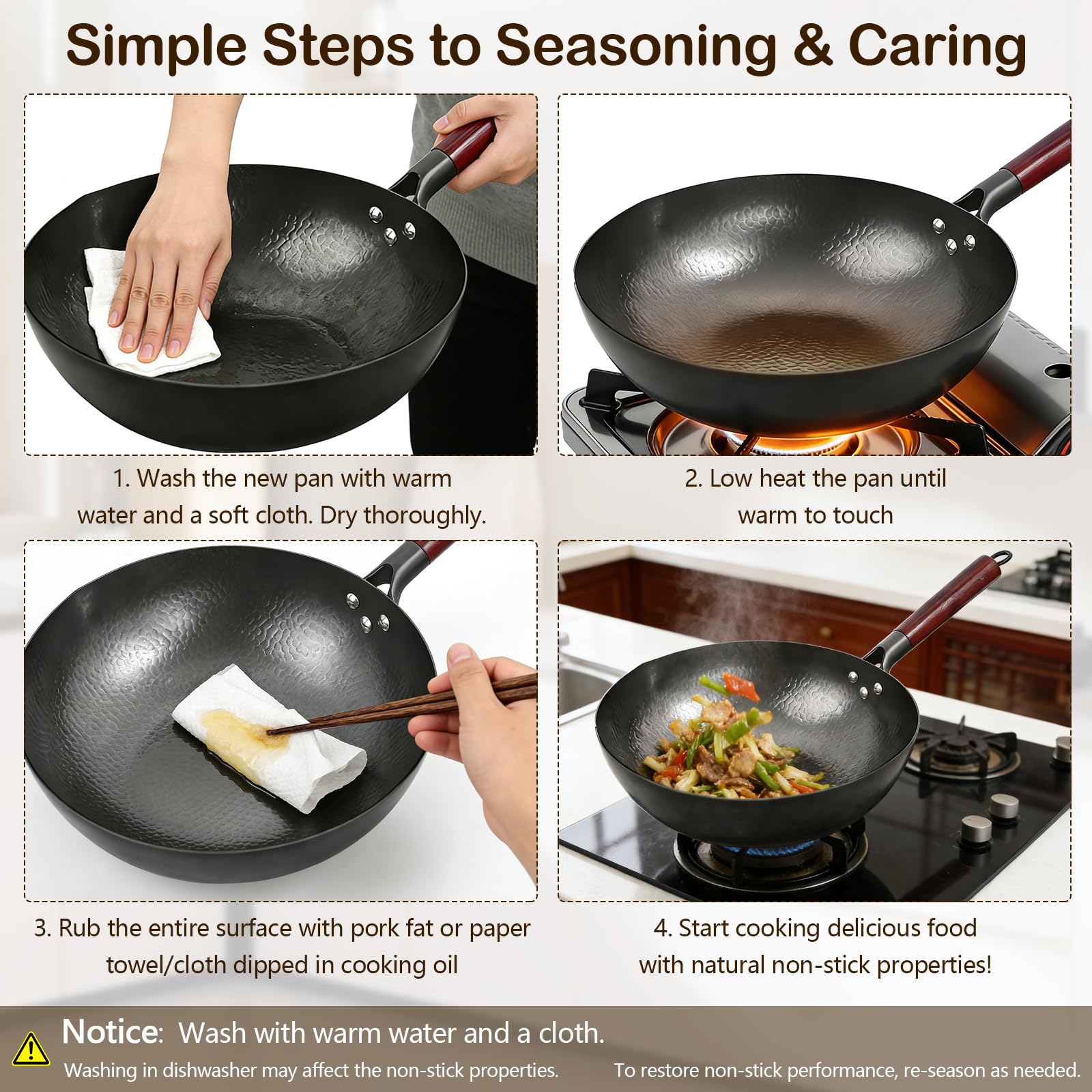 Wok con coperchio 32 cm, Wok martellato in acciaio al carbonio, Antiaderente naturale senza rivestimento, Manico in legno di acacia, Adatto a tutti i fornelli