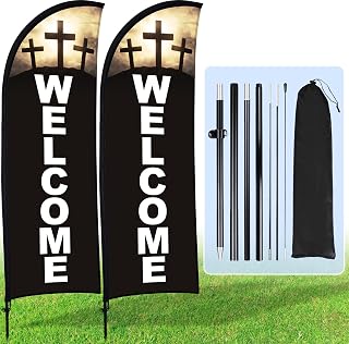 Buryeah 2 Sets Welcome Feather Flag Sign Kit 8 ft Welcome Banners Swooper Flag with Fiberglass Poles and Point Stake for Outdoor Business and Events Promotion(Church,Black)