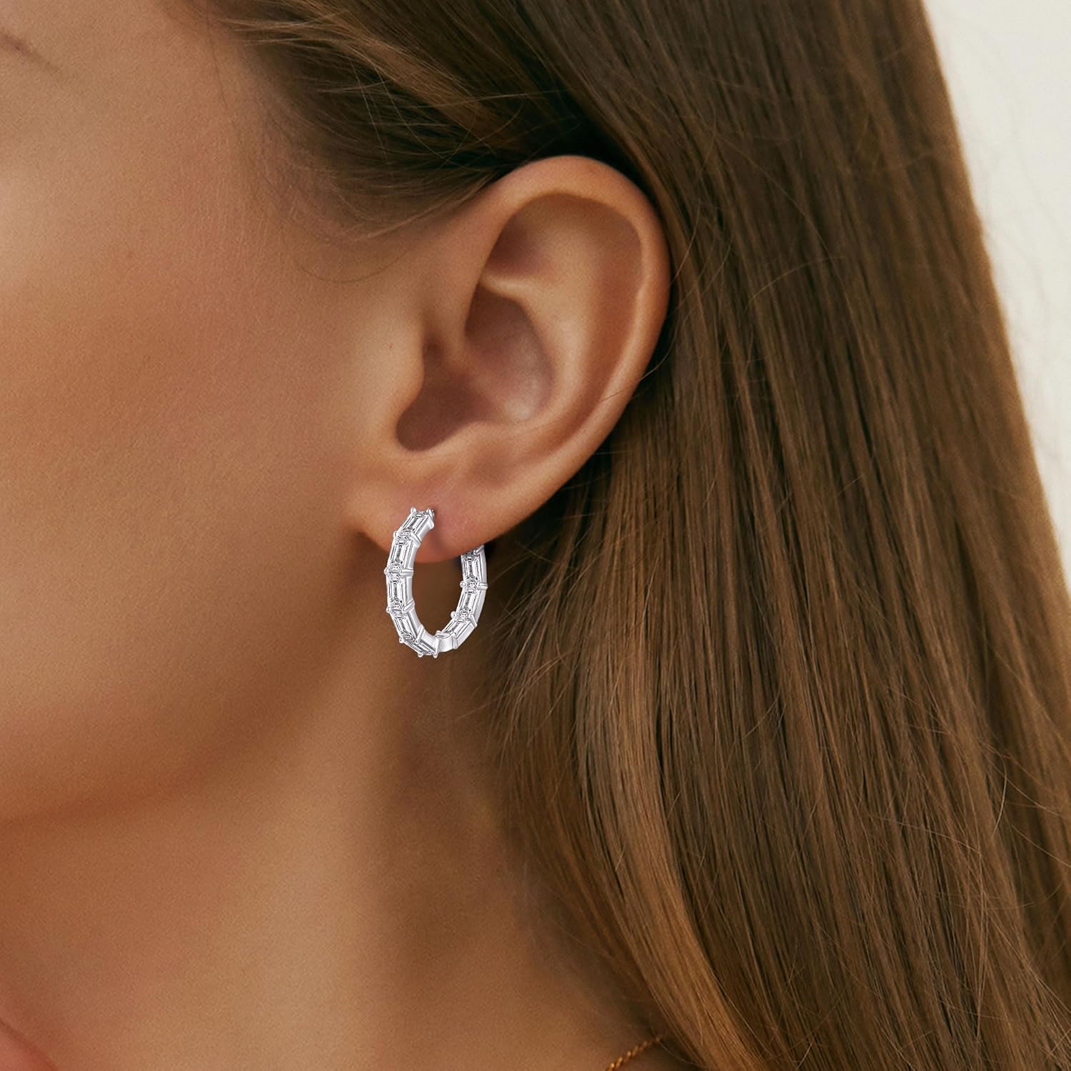 Moissanite Hoop Earrings, 9.0cttw D Color 3x5mm Emerald Cut Moissanite 925 Sterling Silver Round Earrings for Women Mom Wife Wedding Birthday Jewerly Gifts