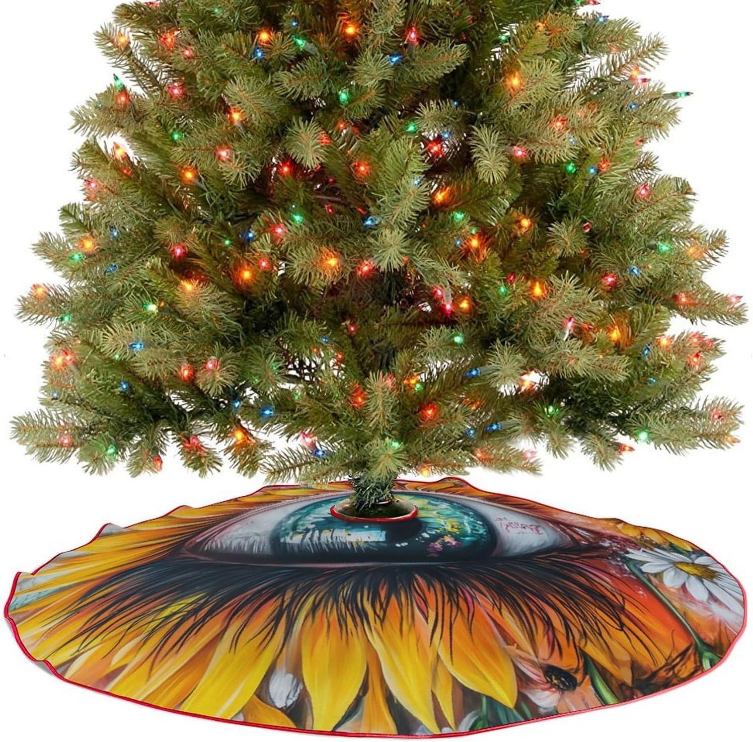 Beatiful Eye Flowers Christmas Tree Skirt Ornaments Christmas Tree Mat for Home Party Holiday Decorations