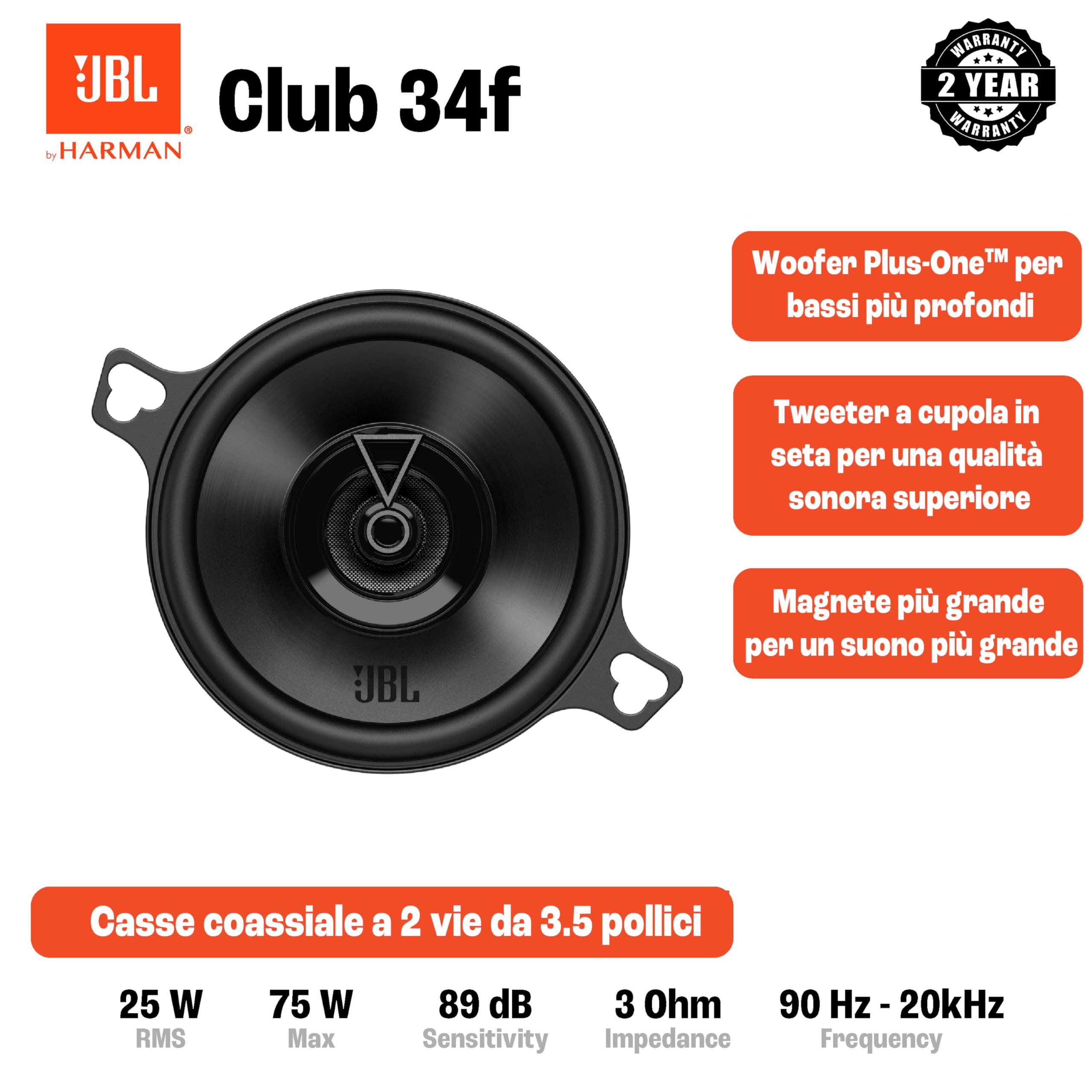 Cassa JBL Club 34F Gen 3 - Casse Auto 87mm di Harman Kardon - Upgrade degli Altoparlanti Macchina da 9cm - 75W, Alta sensibilità, Bassi intensi e Risposta alle Alte frequenze Impressionante
