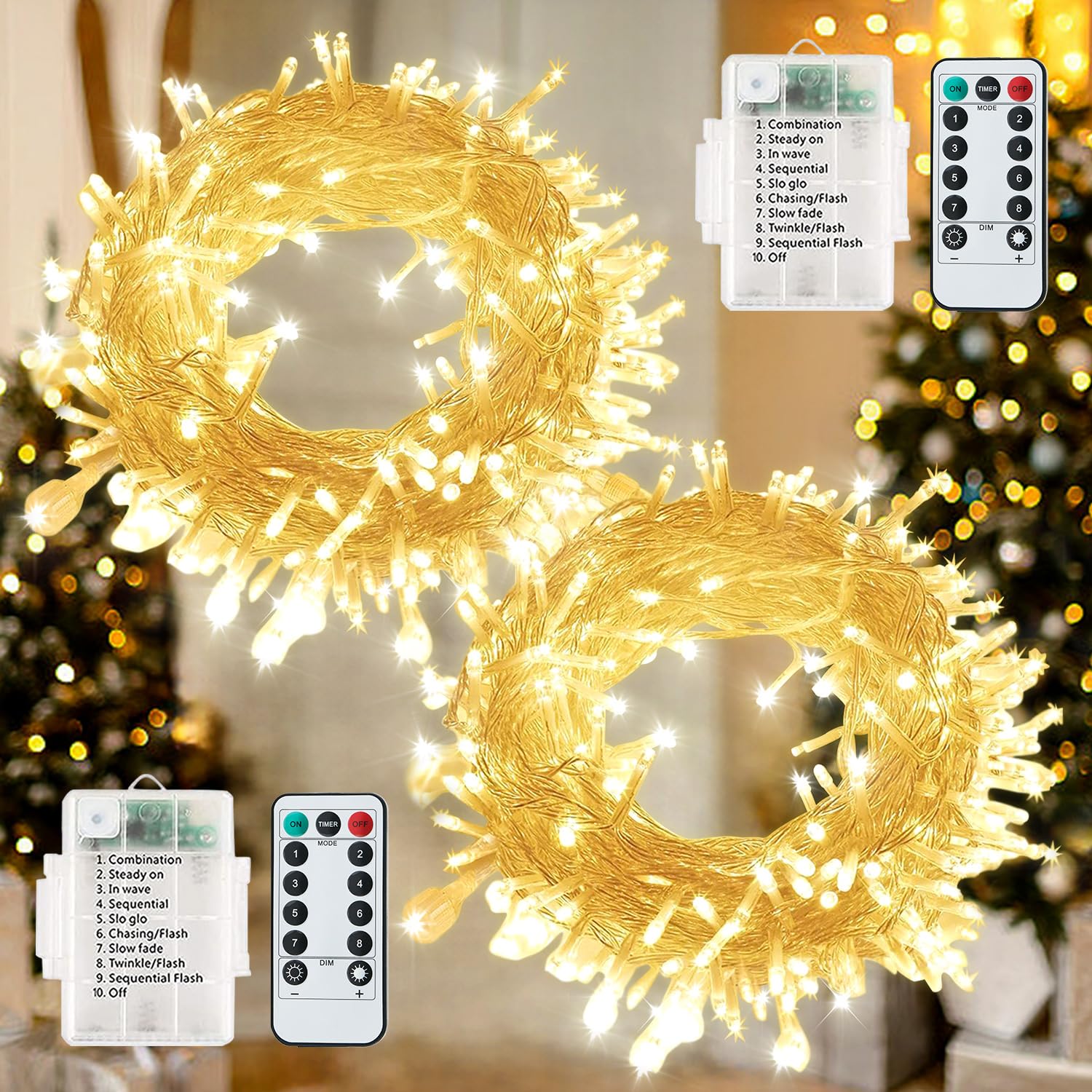 [2 pezzi] 60 luci a LED a batteria per Natale, 7 m/8 modalità, IP65 impermeabile con timer e telecomando, decorazione per feste (bianco)