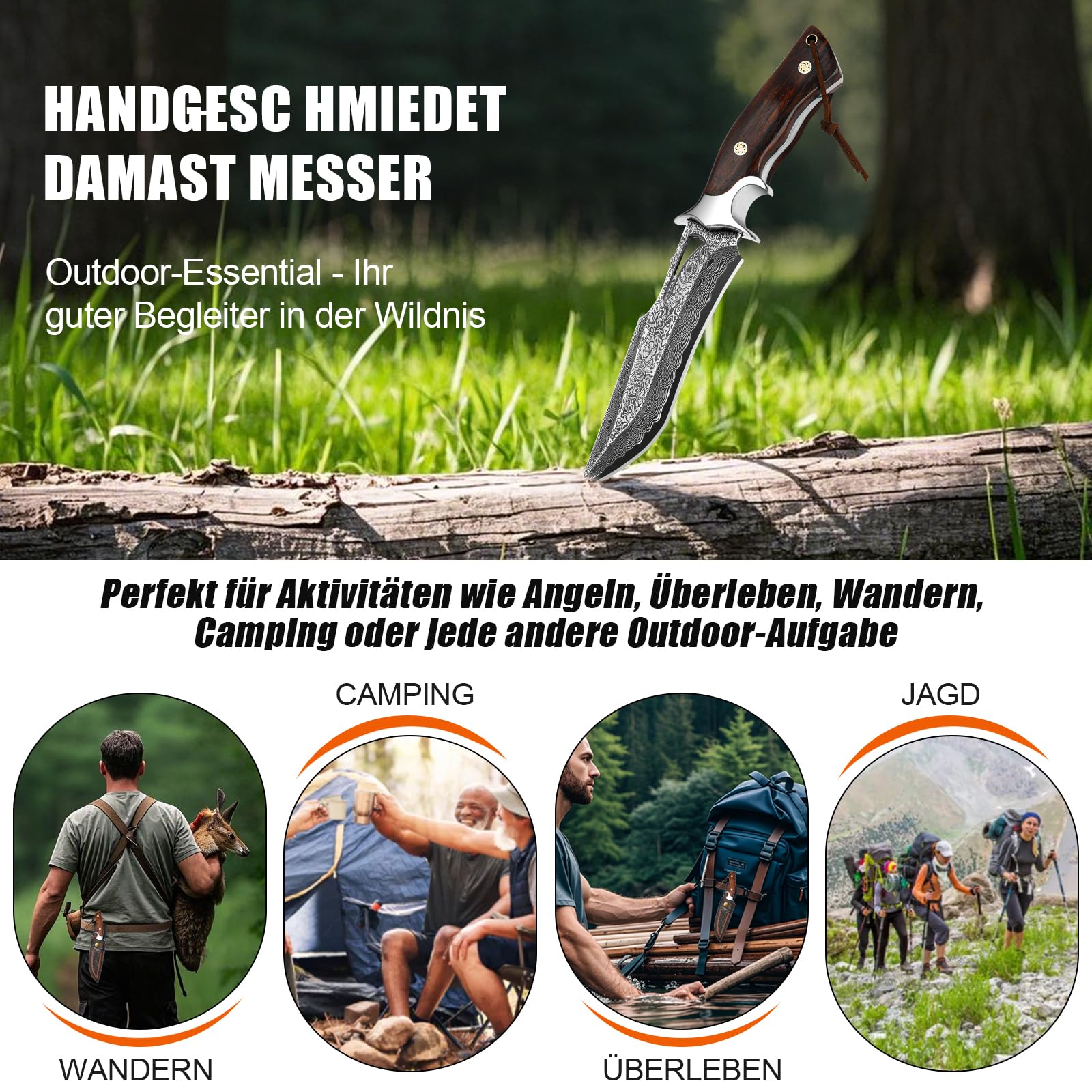 Damast Jagdmesser 26,4 cm, VG10 Feststehendes Bowie Survivalmesser | 67-lagiger Handgefertigter Damaszenerstahl mit Holzgriff und Echtlederscheide für Outdoor Bushcraft