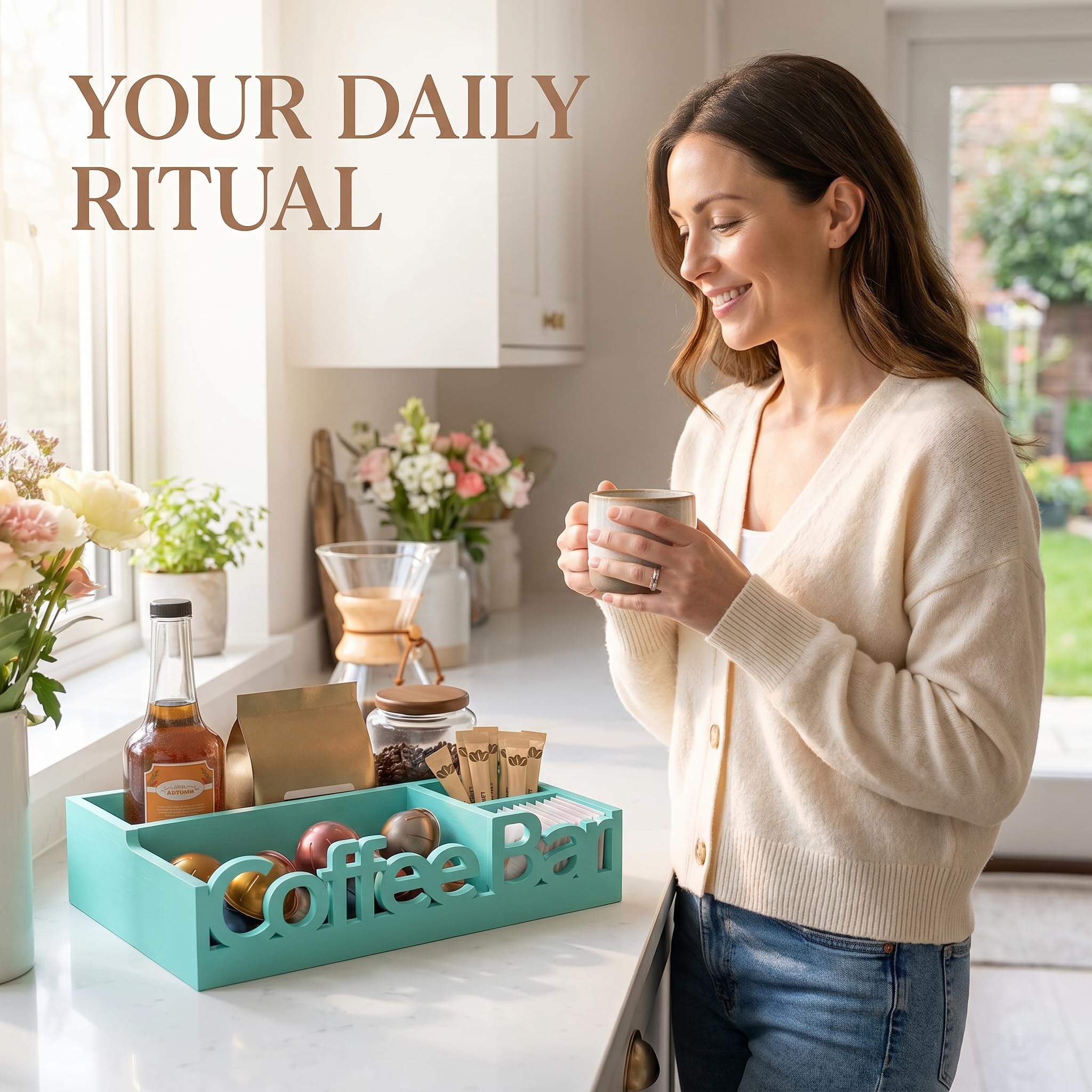 Organizador de barra de café, soporte de madera para cápsulas de café y organizador de condimentos | Cápsulas de café, paquetes de azúcar, varillas y tazas
