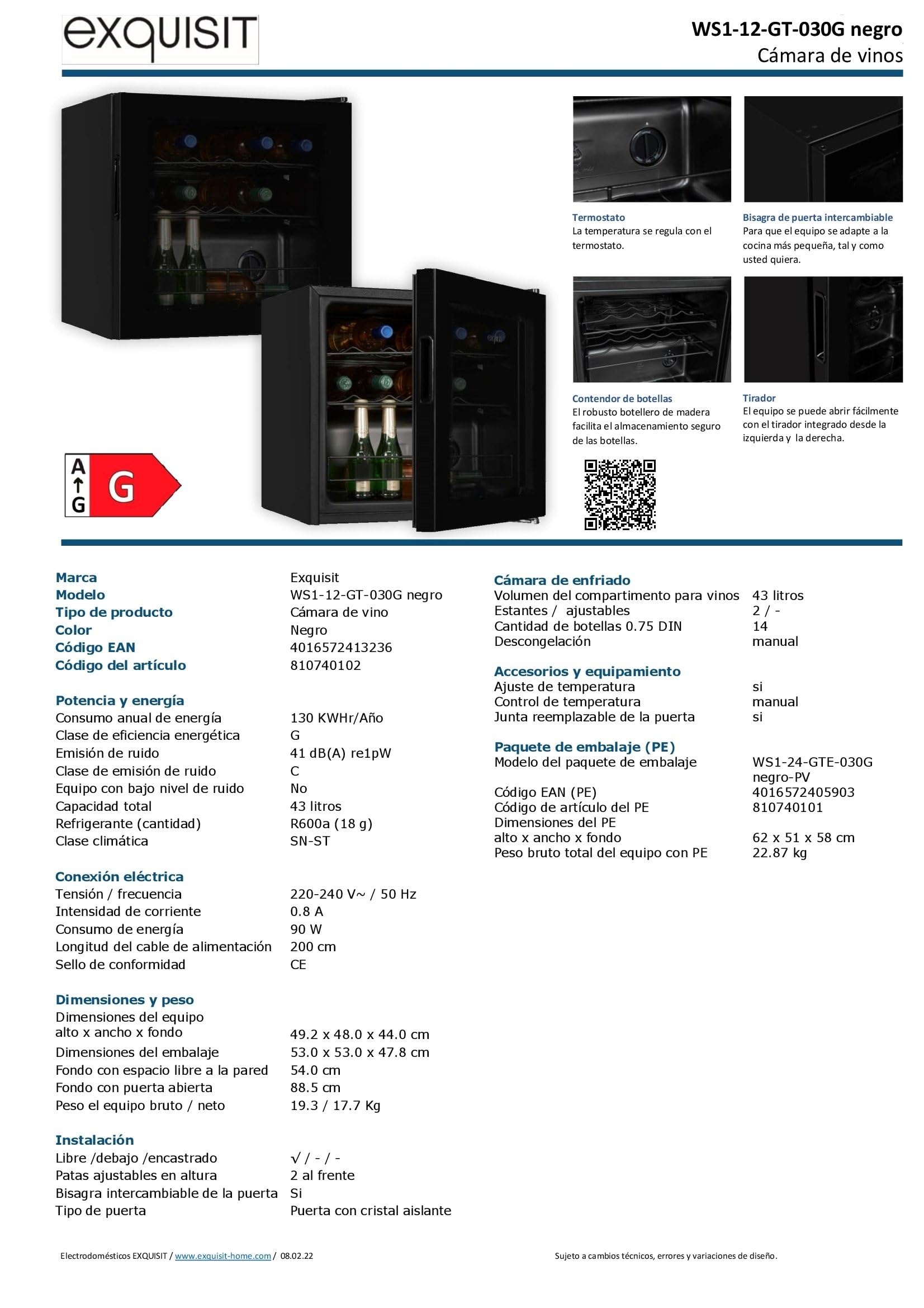 Exquisit® Vinoteca, 12 Botellas, Clase G, Rango de Temperatura de 5ºC a 18ºC, 2 Estantes Metalicos, Tirador Integrado, Altura Regulable, Consumo 130 kWh/año, Medidas 49,2x48x44 Cm.