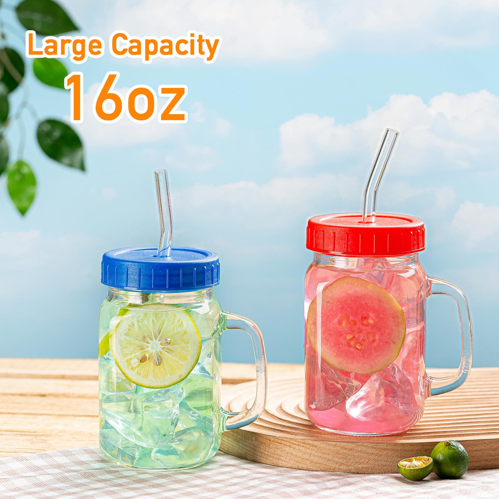 wookgreat Mason Jars with Handle, 12 Pack 16oz Mason Jar Drinking glasses with lid and straw, Mason Jar Cups, Regular Mouth Mason Jar mugs for Iced Coffee, Smoothie, Airtight Lids for Food Storage