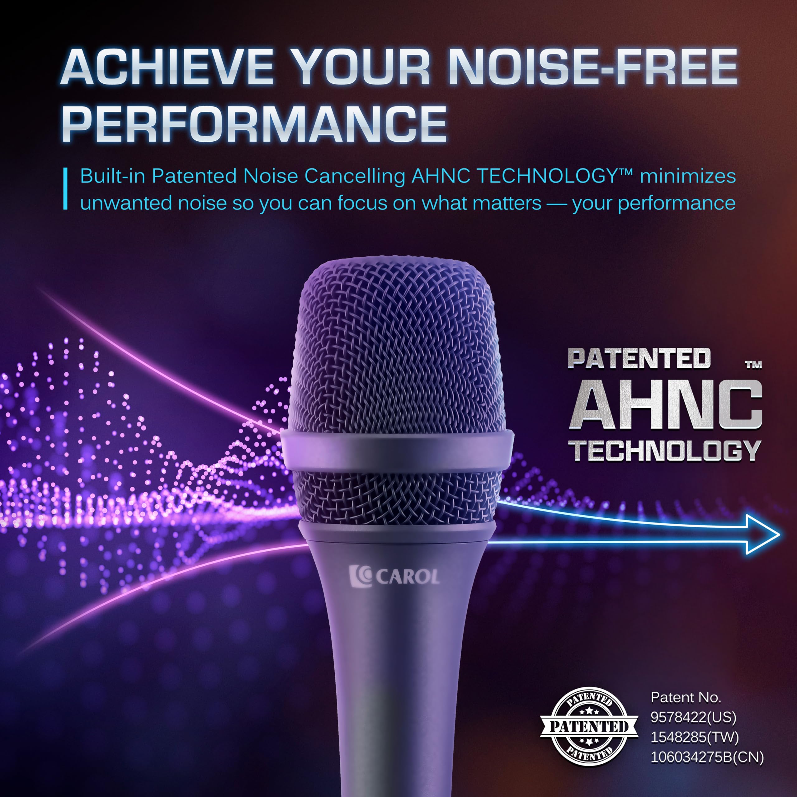 CAROL AC-900 XLR Micrófono vocal con cable, supercardioide sin interruptor, color gris | Micrófono dinámico con cancelación de ruido AHNC de doble motor para karaoke, escenario, estudio. Incluye: Cable de 4,5 m.
