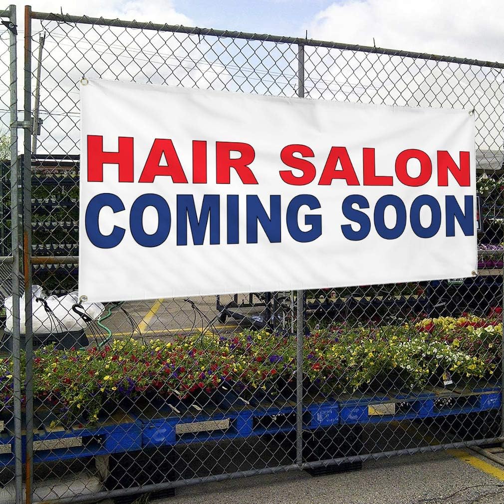 Vinyl Banner Multiple Sizes Hair Salon Coming Soon Red Blue Business Outdoor Weatherproof Industrial Yard Signs 4 Grommets 16x40Inches
