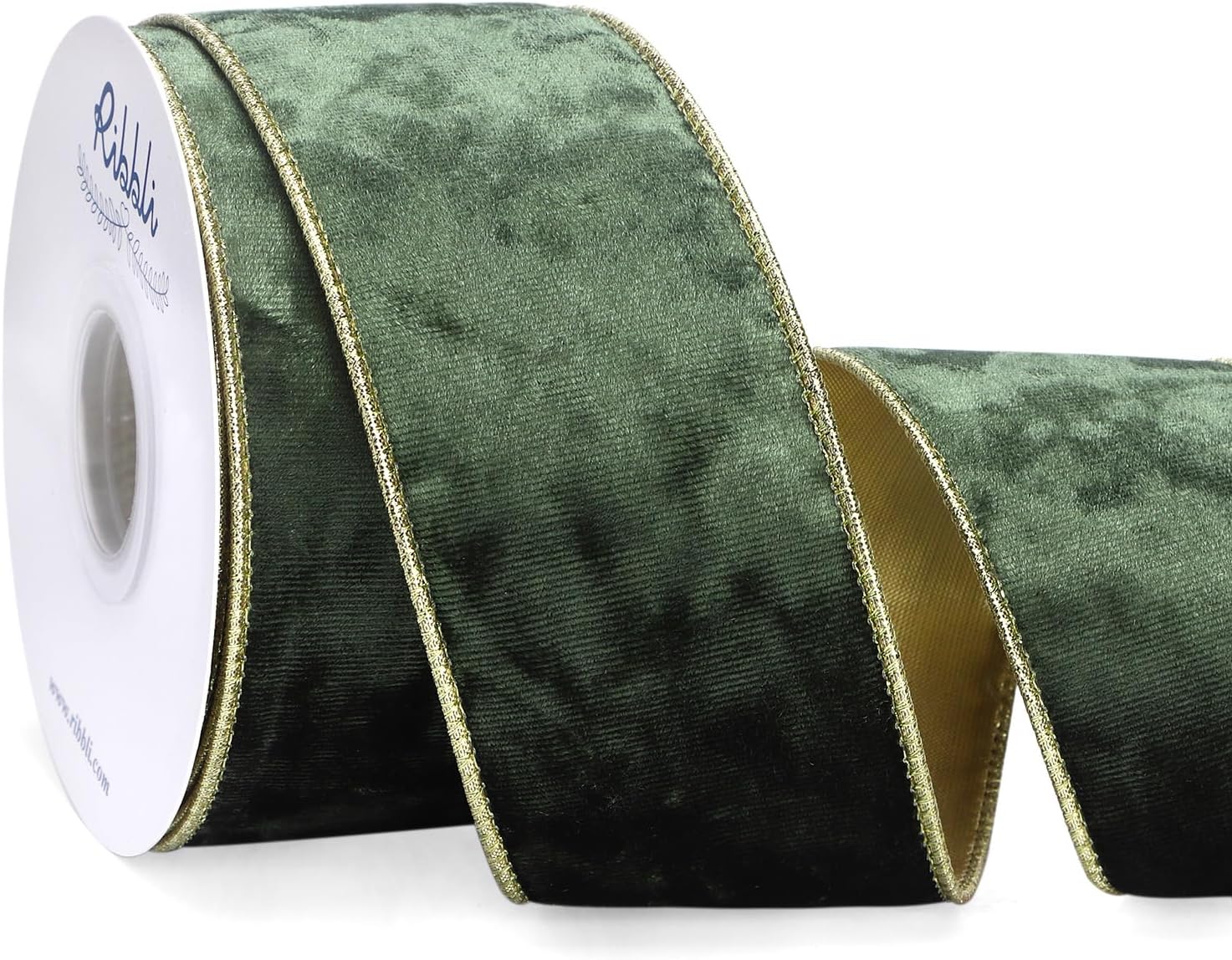 Ribbli Moss Green Velvet Wired Ribbon 2.5 Inch Metallic Moss Gold Crushed Velvet Christmas Ribbon for Gift Wrapping Christmas Tree Decoration Crafts Wreaths Supplies-Continuous 10 Yards Moss Green 2-1/2"