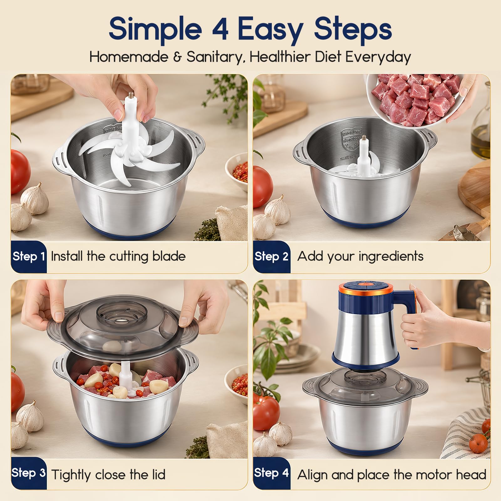 Tritatutto elettrico da cucina, 500 W, 5 l, in acciaio inox, tritacarne elettrico con 7 velocità e 6 lame, tritacarne per carne, cipolle, verdure, tritacarne universale 5 in 1
