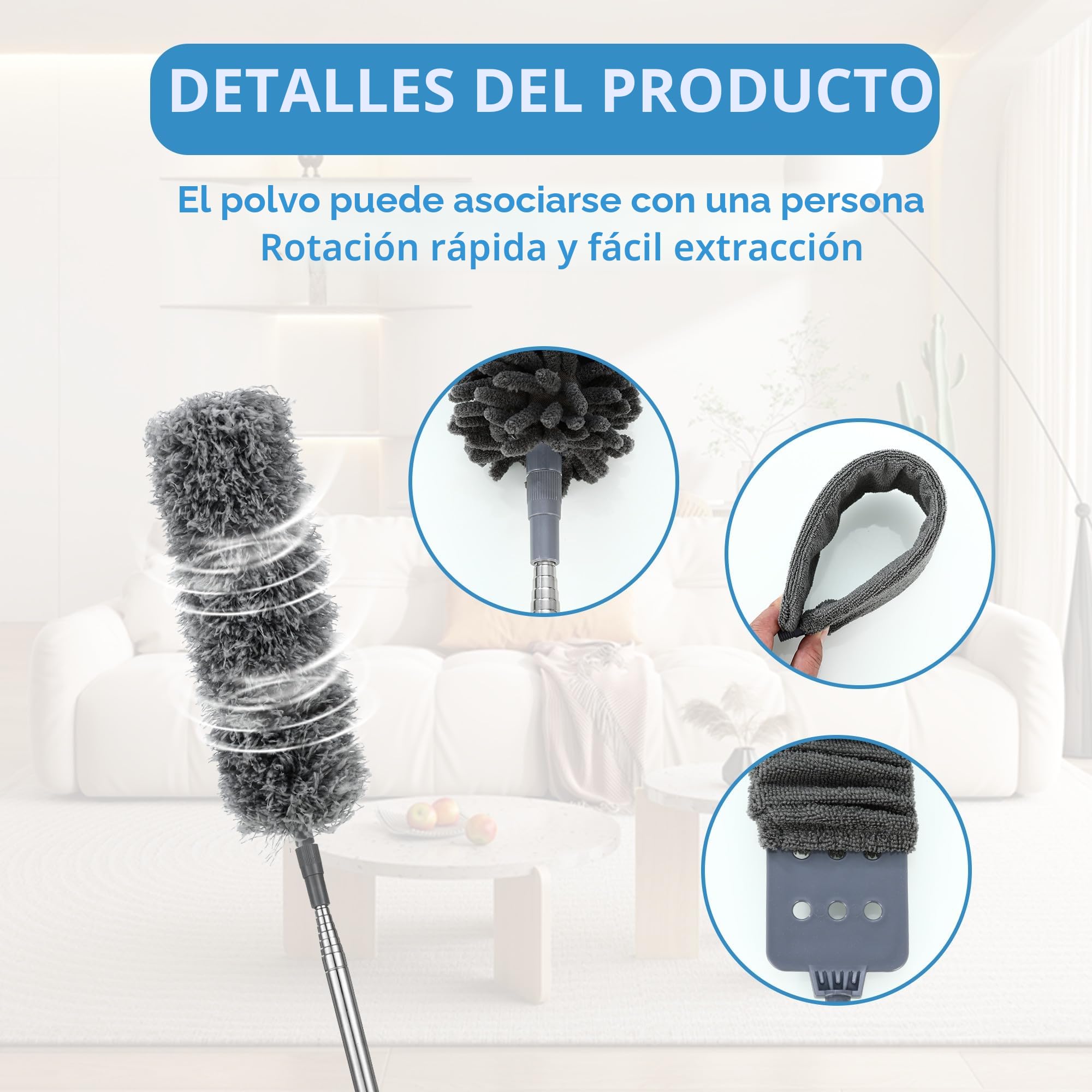 Plumero Atrapapolvo Telescópico Extensible 245 cm para Limpieza de Techos, Ventiladores y Lámparas