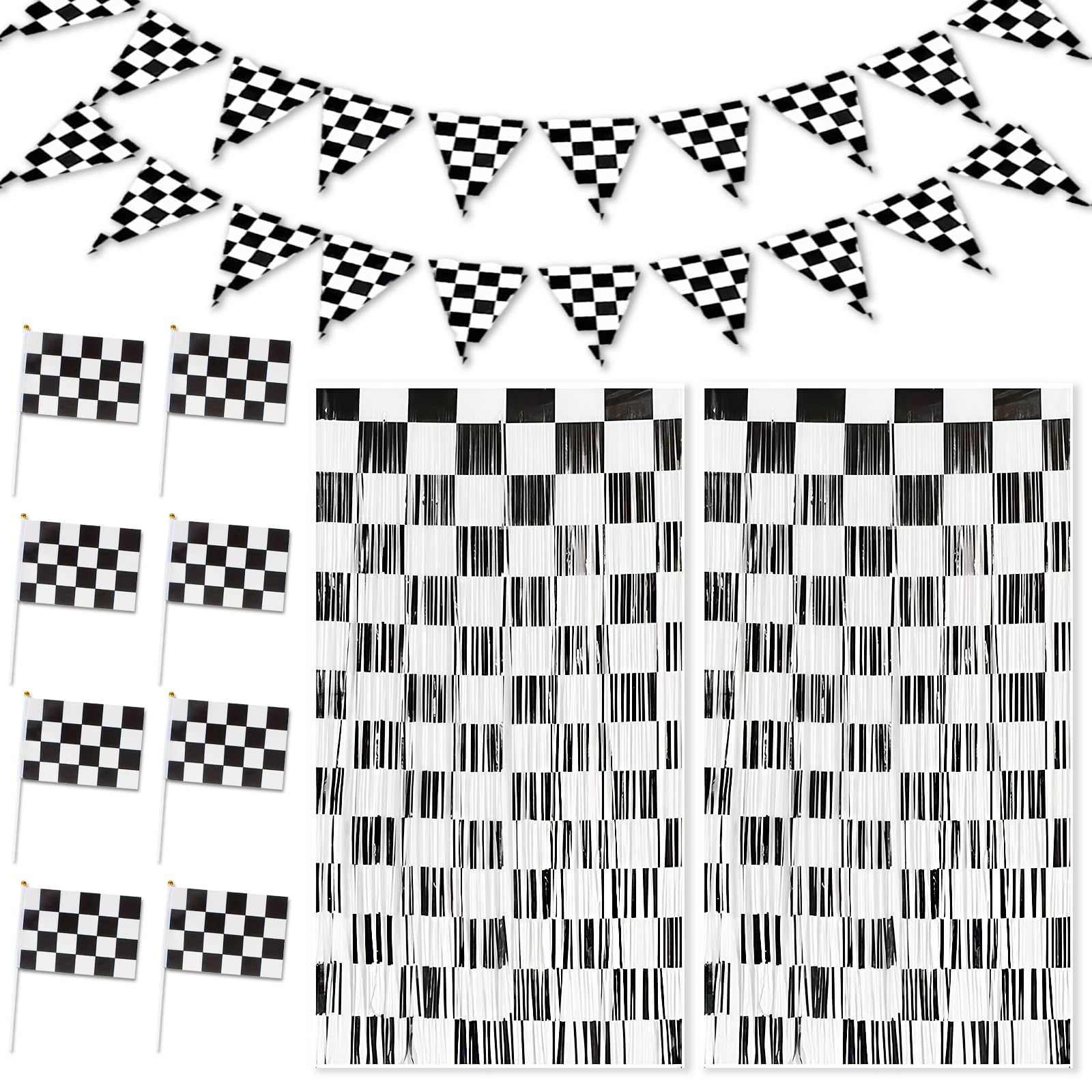 12 PCS Race Car Birthday Decorations Set, 8 Handheld Chequered Flag 2 Pennant Banners 2 Foil Curtains Party Decorations, Black Foil Curtain Black White Birthday Decoration Banner for Theme Party