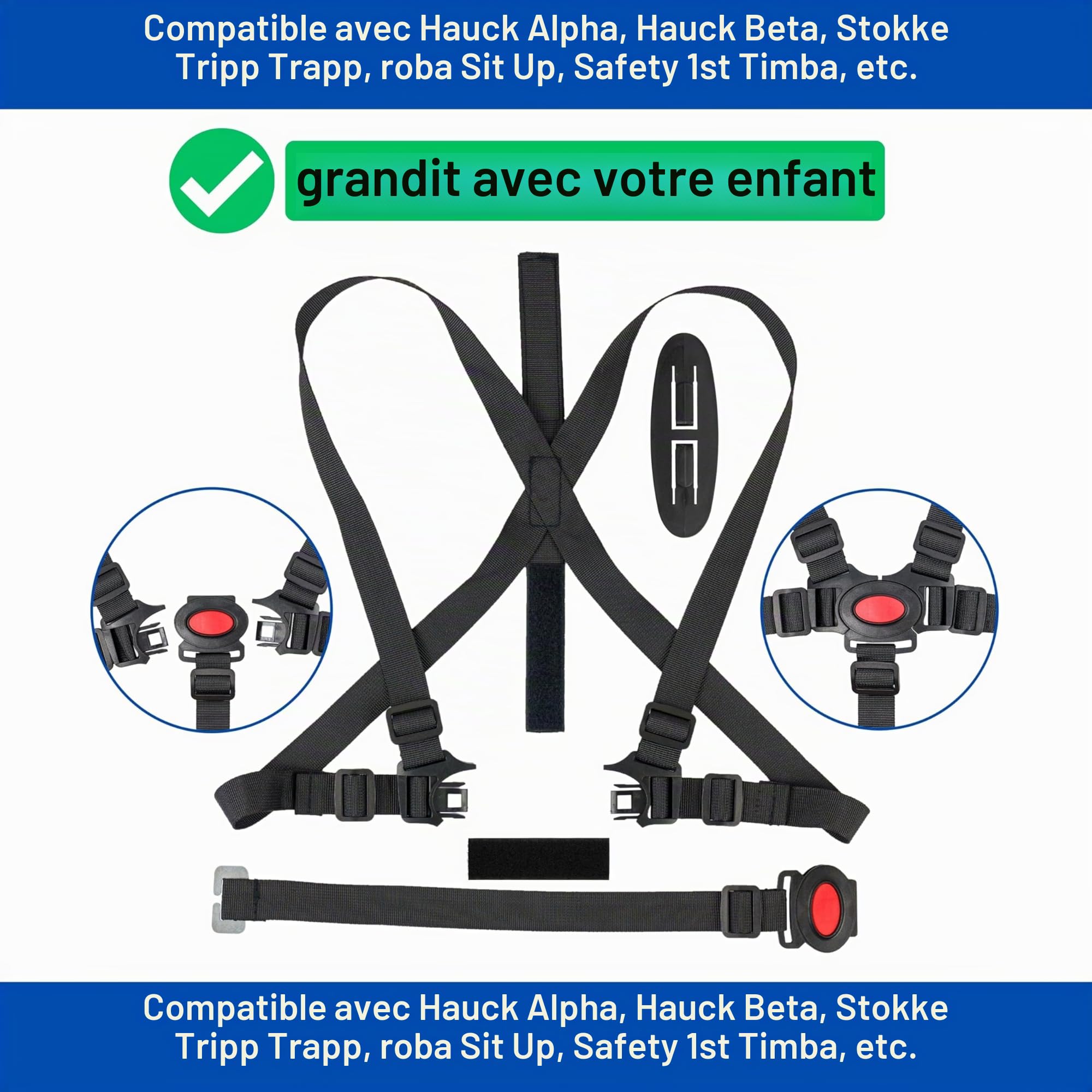 Chaise haute système de harnais 5 points, 1 Set, compatible avec Hauck, Stokke Tripp Trapp, Roba, uvm., en Noir, ceinture avec clip de poitrine, ceinture de chaise haute système 5 points