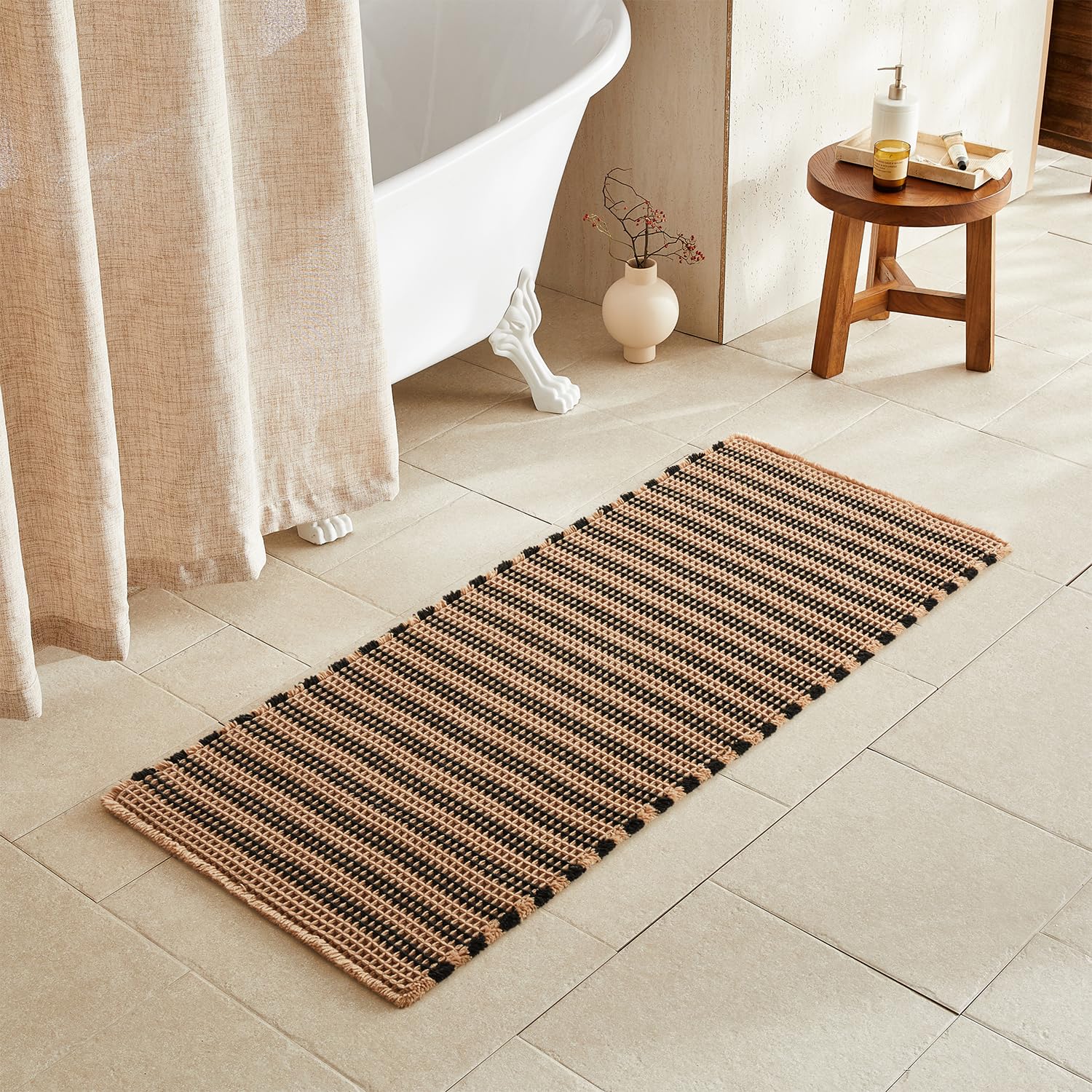 TYUU Waffle Runner Rug Bathroom, Long Boho Bath Mat, 60x24 Black &amp; Khaki