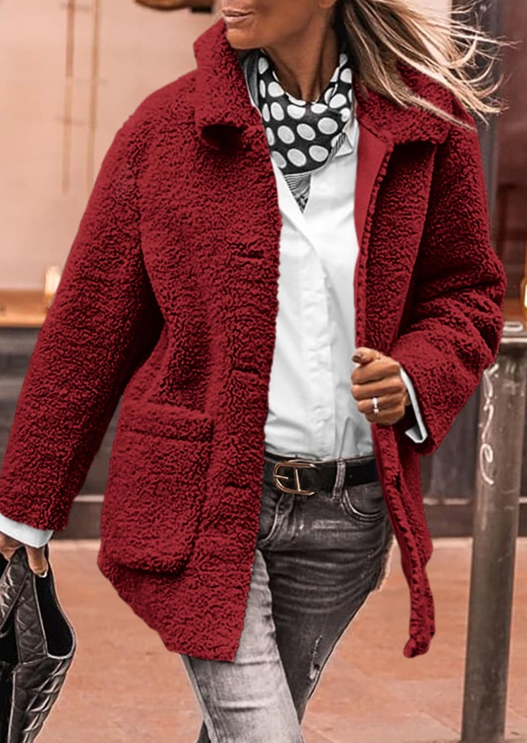 PRETTYGARDEN Women's Winter Faux Fur Coats Long Sleeve Lapel Button Down Pockets Fleece Sherpa Jacket Casual Trendy Outerwear