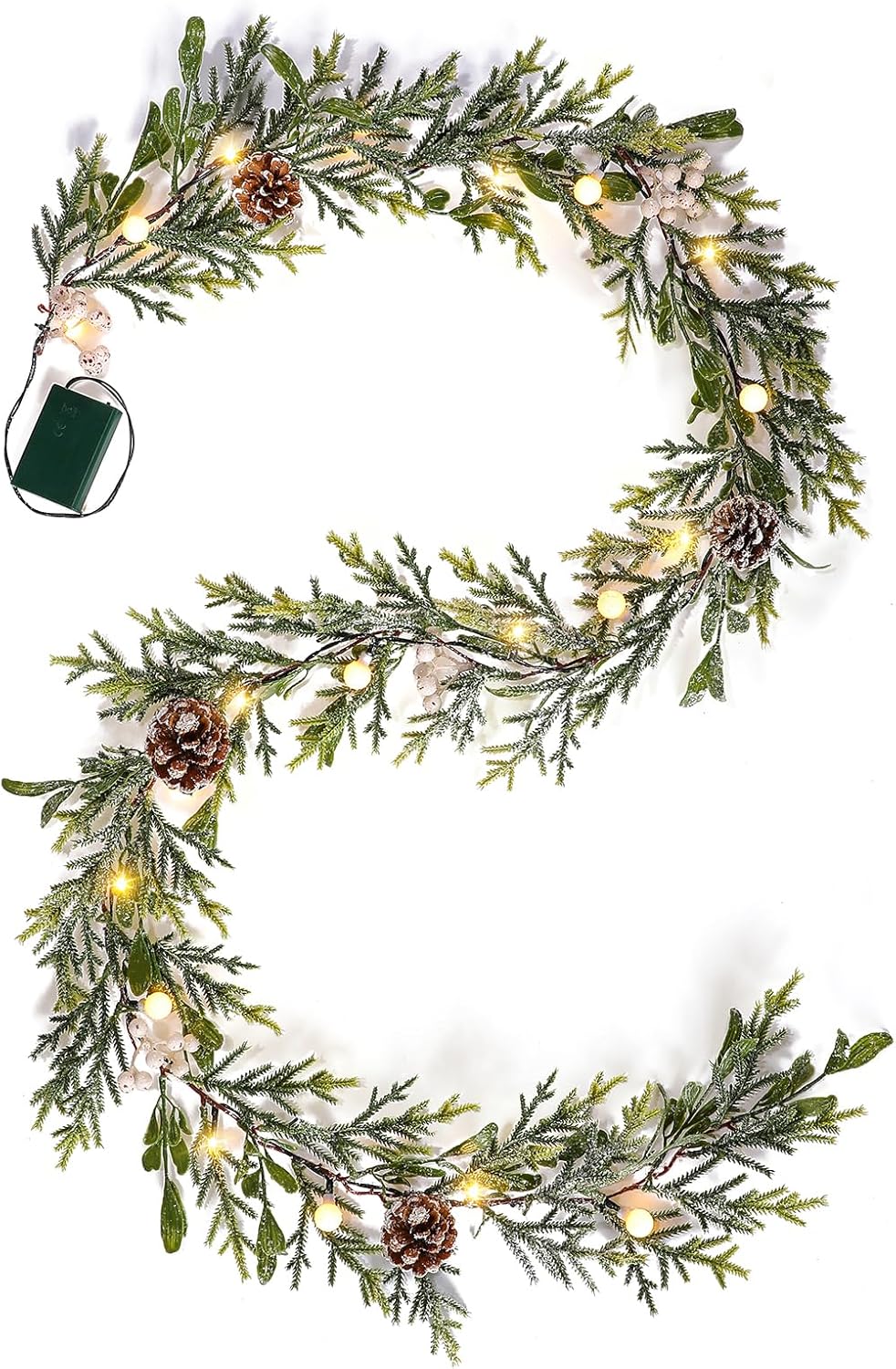 9FT Snow Cedar Pine Garland,Prelit Christmas Garland with Timer,Realistic Garlands Battery Operated for Winter Holiday Outdoor Staircase Decorations 30LED