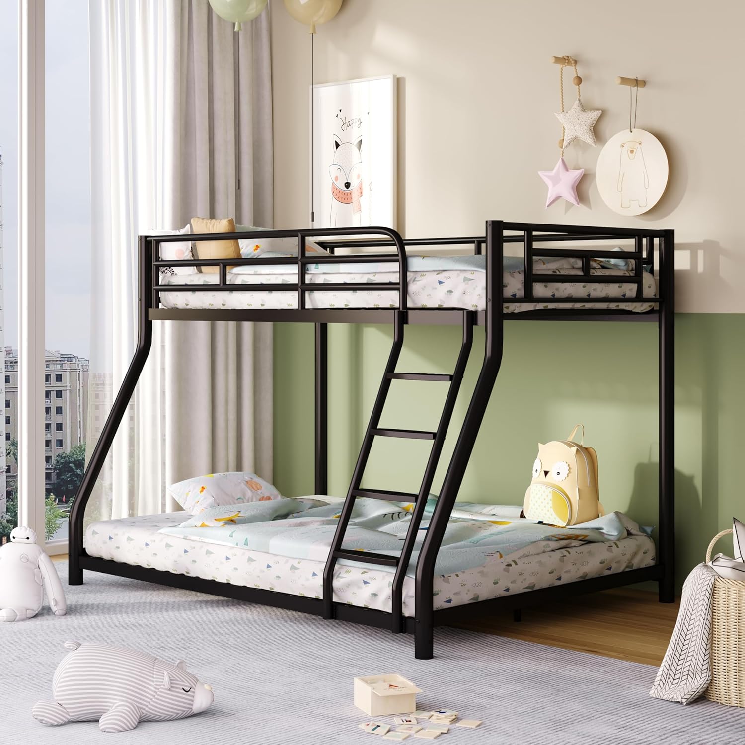 Metal Twin Over Full Size Bunk Bed for Adults & Kids,Twin Over Full Bunk Beds, Low Profile Bunkbeds with Length Guardrail and Ladder, No Box Spring Needed,Space Saving,Black