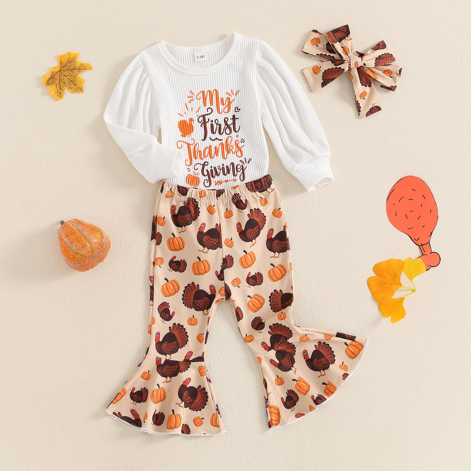 Newborn Baby Girl Thanksgiving Outfit Long Sleeve Romper Turkey Bell Bottom Pants Headband Set Fall Winter Clothes (White, 0-3 Months)