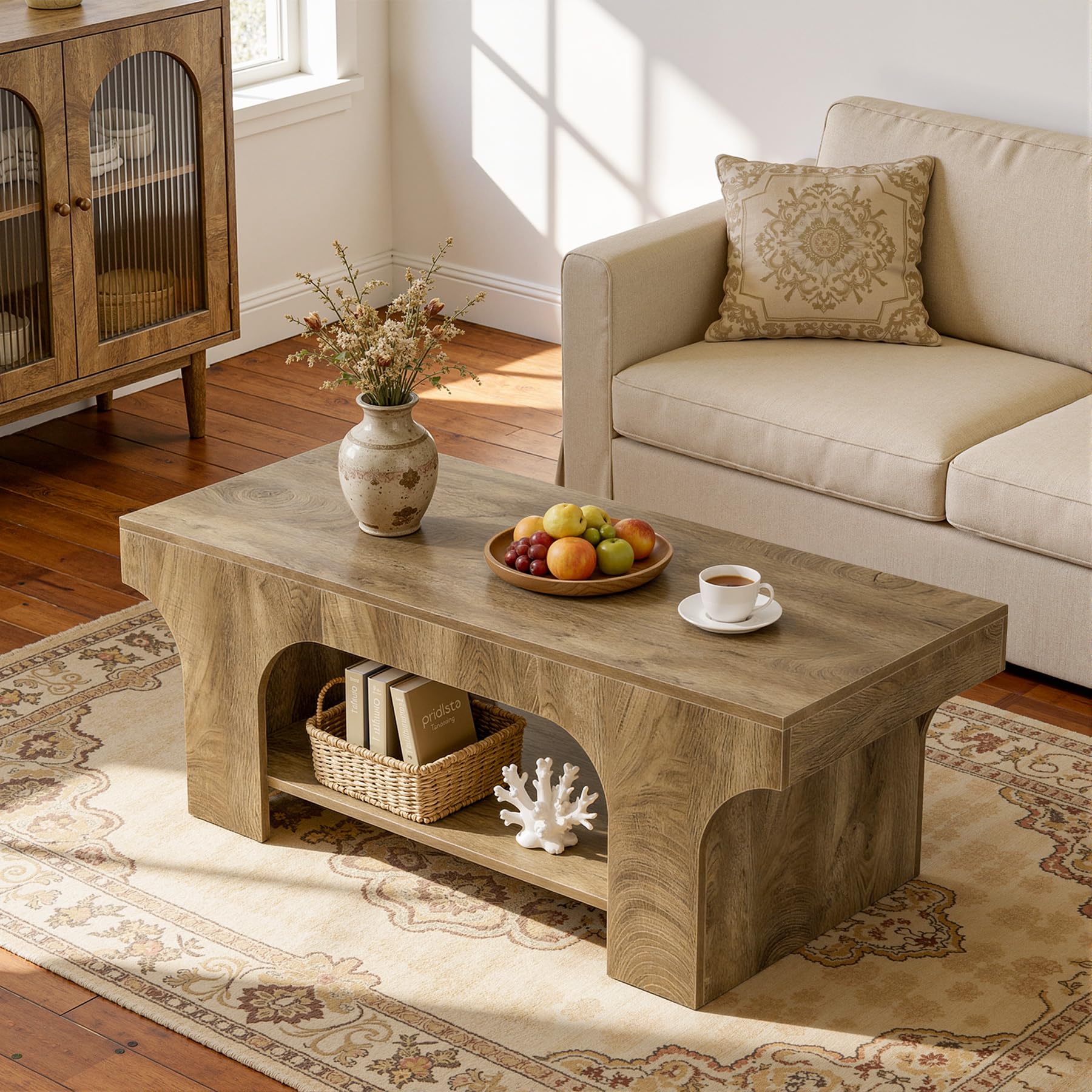 Tribesigns Couchtisch 120cm, 2-Ebenen Rechteckig Wohnzimmertisch, Modern Farmhouse Kaffee Tisch mit Stauraum, Holz Akzent Tisch für Schlafzimmer, Home Office, Wohnbereich, Braun